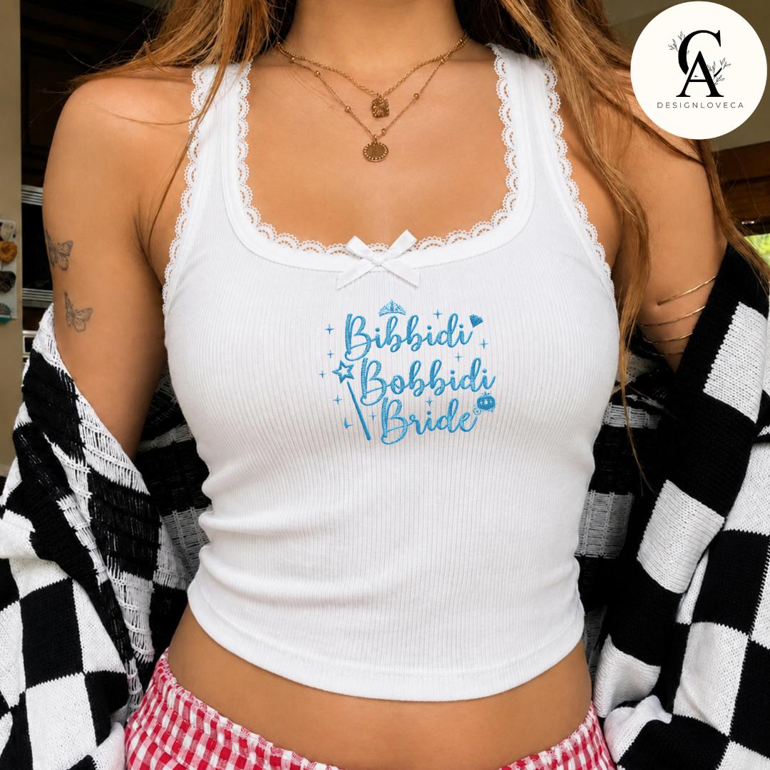 Personalized Embroidered Cinderella Disney Bride Baby Tee Crop Tank for Bridal Party – Bachelorette Girl Trip Lace Trim Tank Top - photo 2