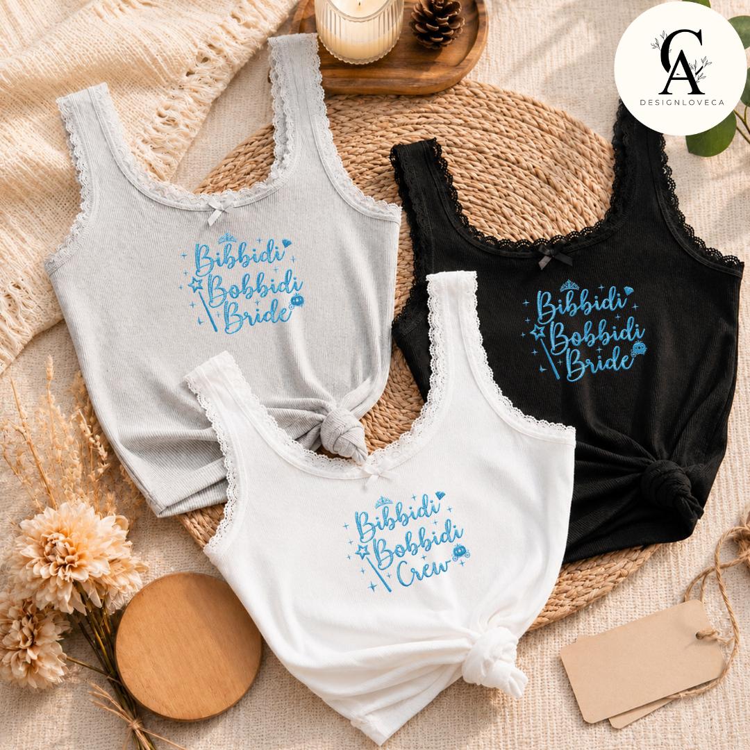 Personalized Embroidered Cinderella Disney Bride Baby Tee Crop Tank for Bridal Party – Bachelorette Girl Trip Lace Trim Tank Top - photo 6