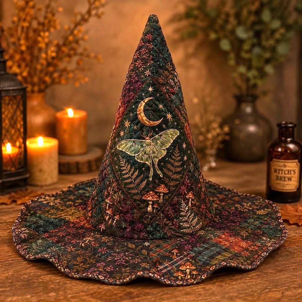Celestial Moth Moon Magic Quilted Style Witch Hat β Dark Cottagecore Fabric Halloween Decor and Spooky Fall Table Centerpiece