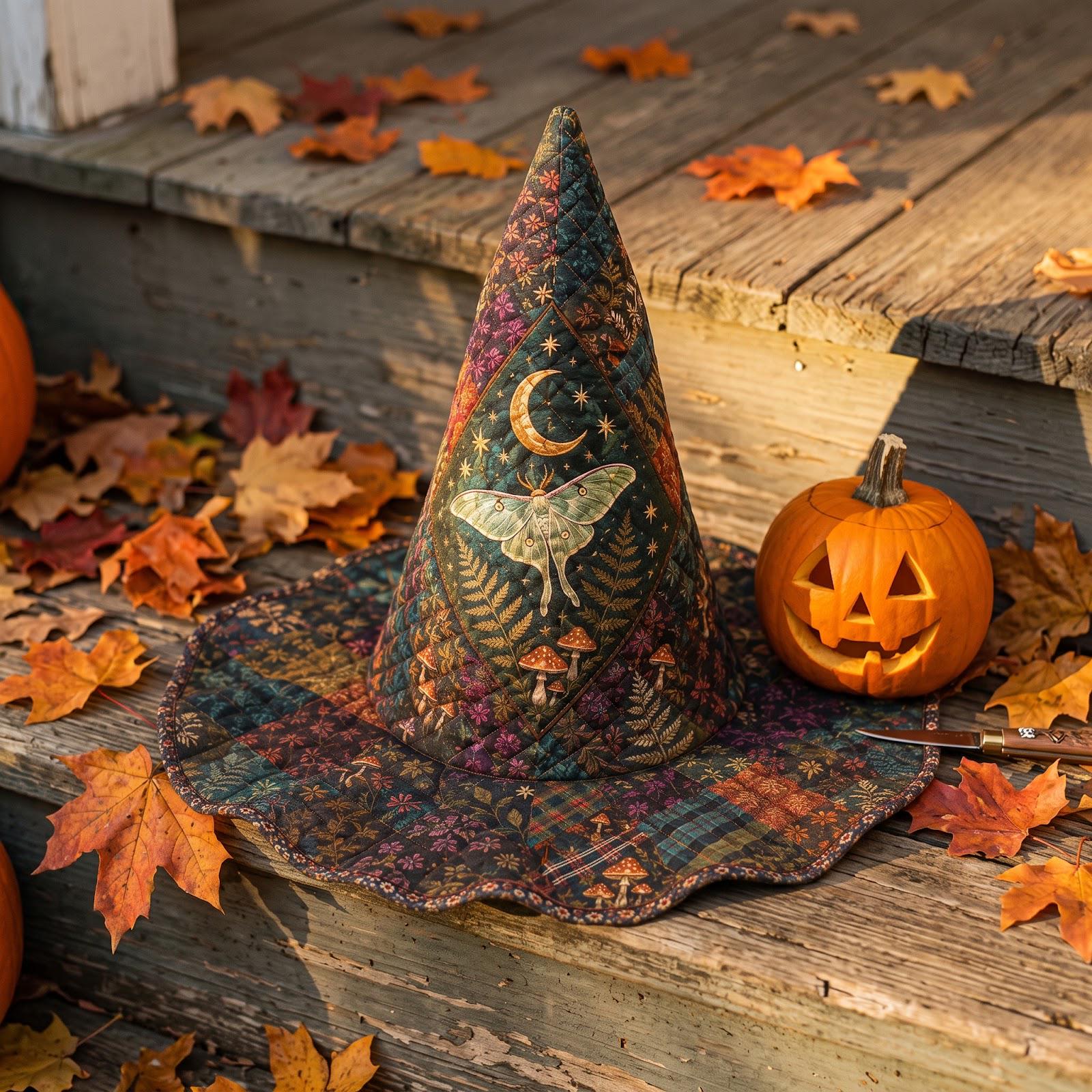 Celestial Moth Moon Magic Quilted Style Witch Hat – Dark Cottagecore Fabric Halloween Decor and Spooky Fall Table Centerpiece - photo 2