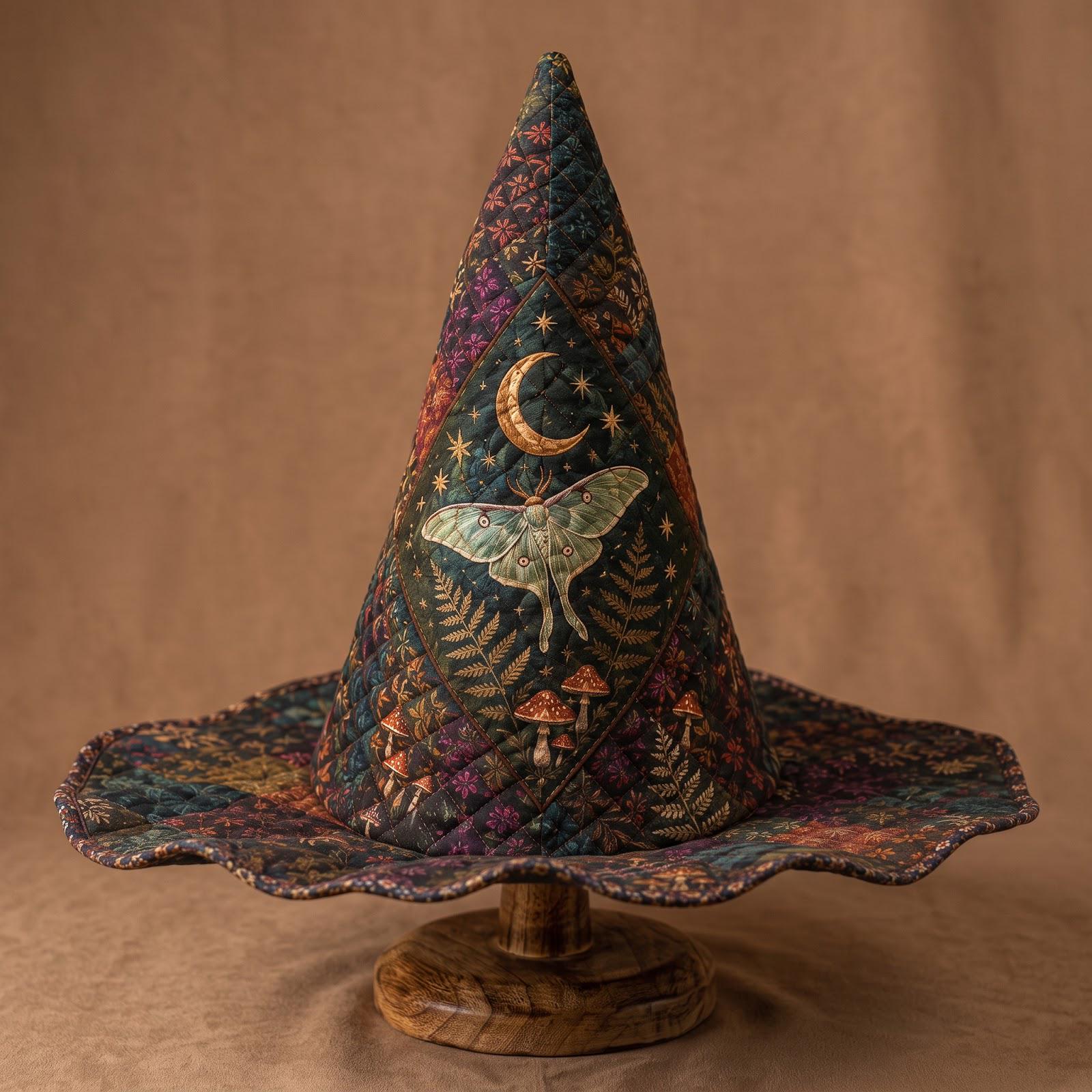 Celestial Moth Moon Magic Quilted Style Witch Hat – Dark Cottagecore Fabric Halloween Decor and Spooky Fall Table Centerpiece - photo 3