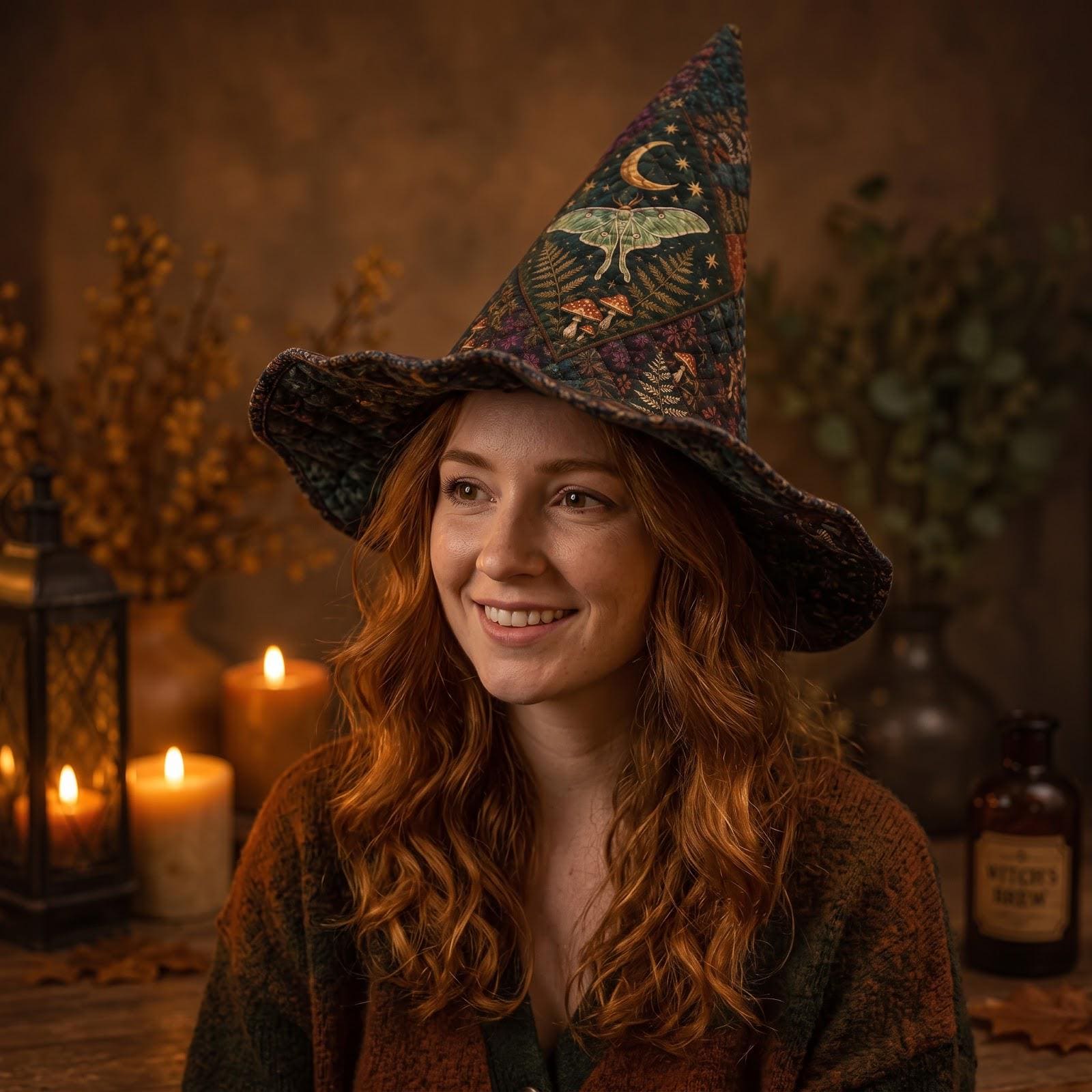 Celestial Moth Moon Magic Quilted Style Witch Hat – Dark Cottagecore Fabric Halloween Decor and Spooky Fall Table Centerpiece - photo 4