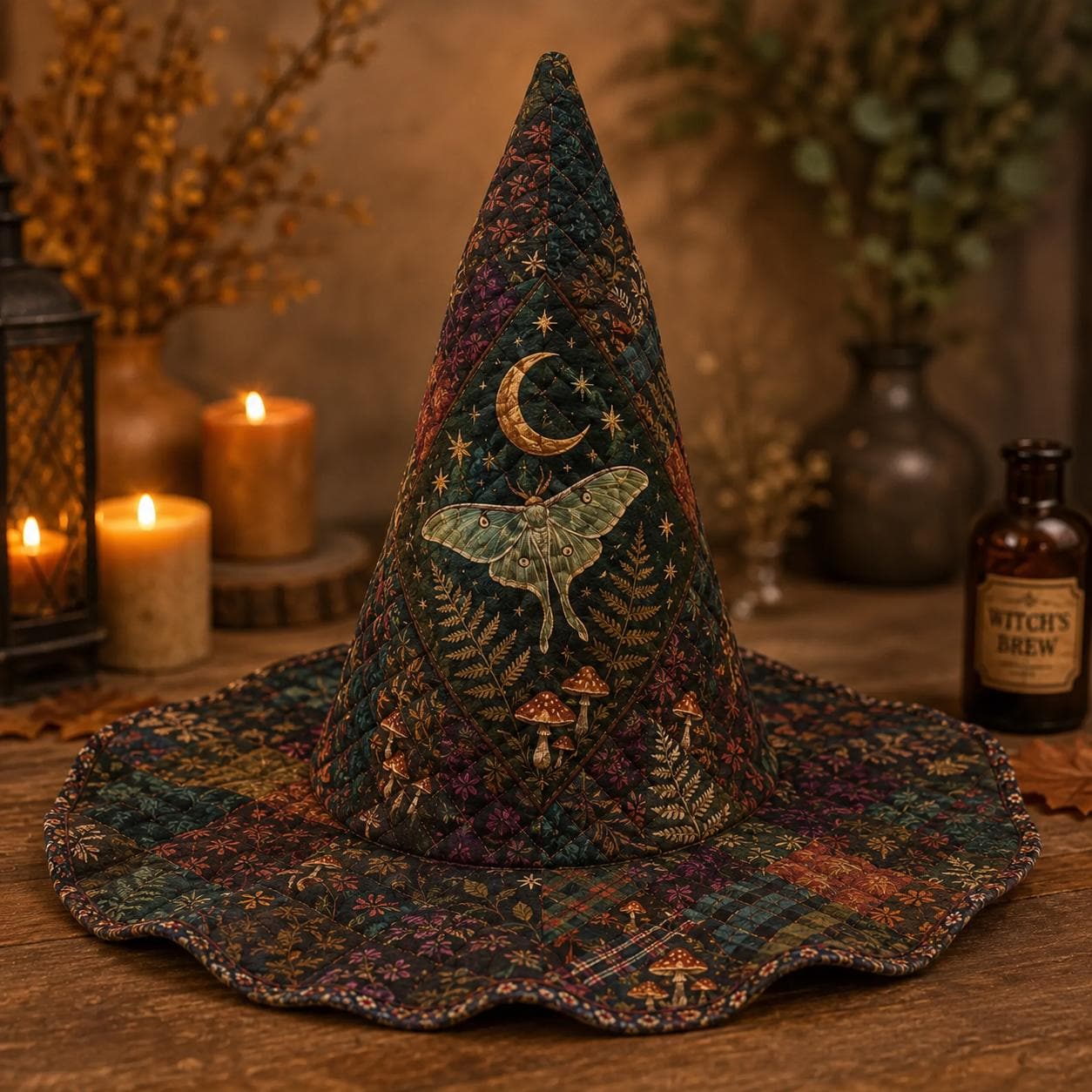 Celestial Moth Moon Magic Quilted Style Witch Hat – Dark Cottagecore Fabric Halloween Decor and Spooky Fall Table Centerpiece - photo 5