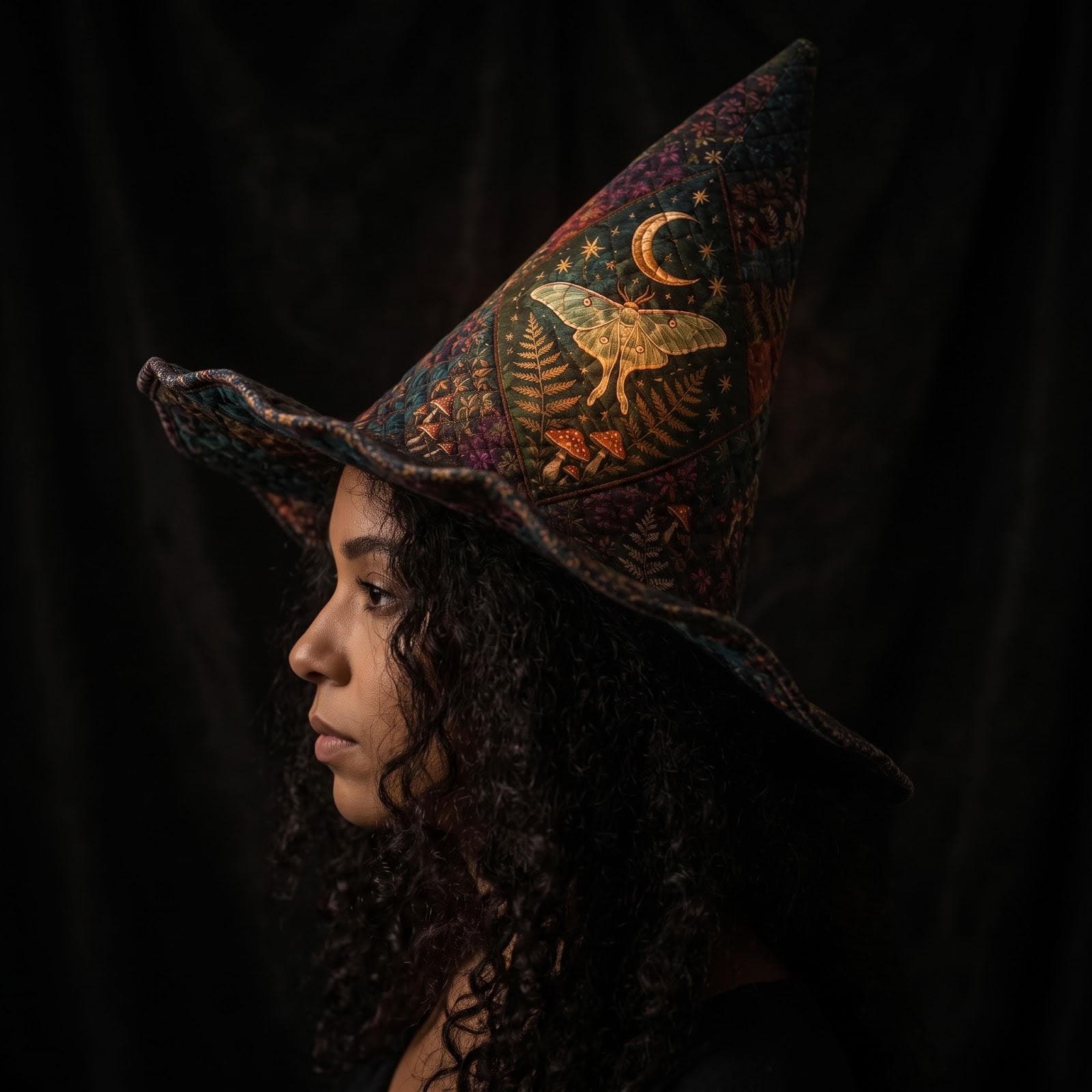 Celestial Moth Moon Magic Quilted Style Witch Hat – Dark Cottagecore Fabric Halloween Decor and Spooky Fall Table Centerpiece - photo 6