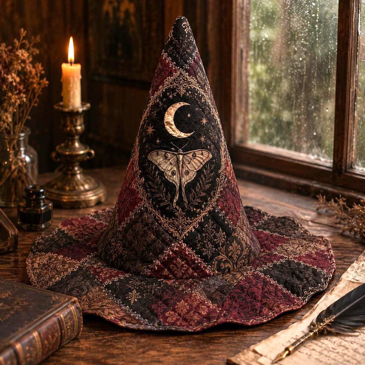 Gothic Moon Moth Patchwork Quilted Style Witch Hat β Dark Academia Decor and Vintage Halloween Table Display