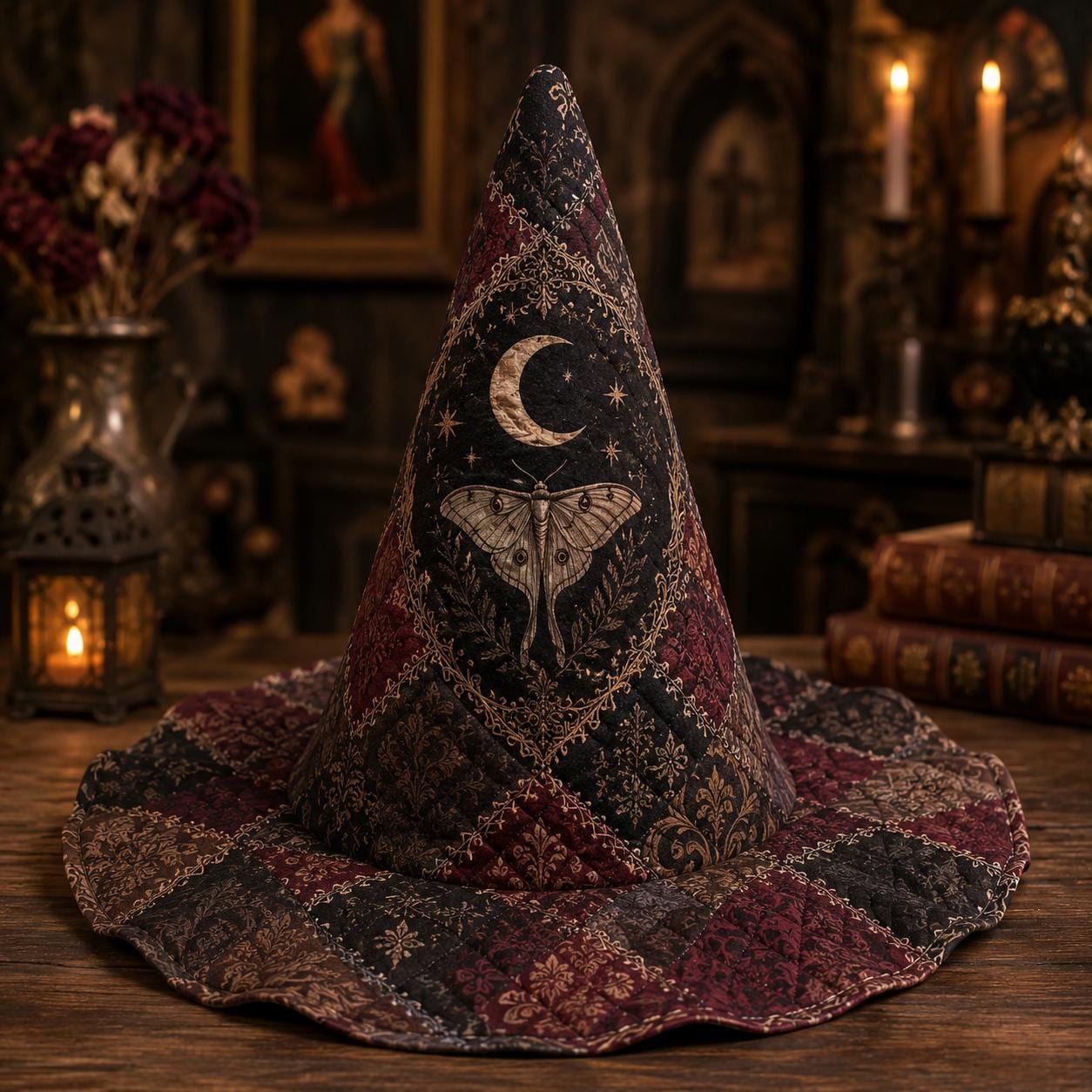 Gothic Moon Moth Patchwork Quilted Style Witch Hat – Dark Academia Decor and Vintage Halloween Table Display - photo 2