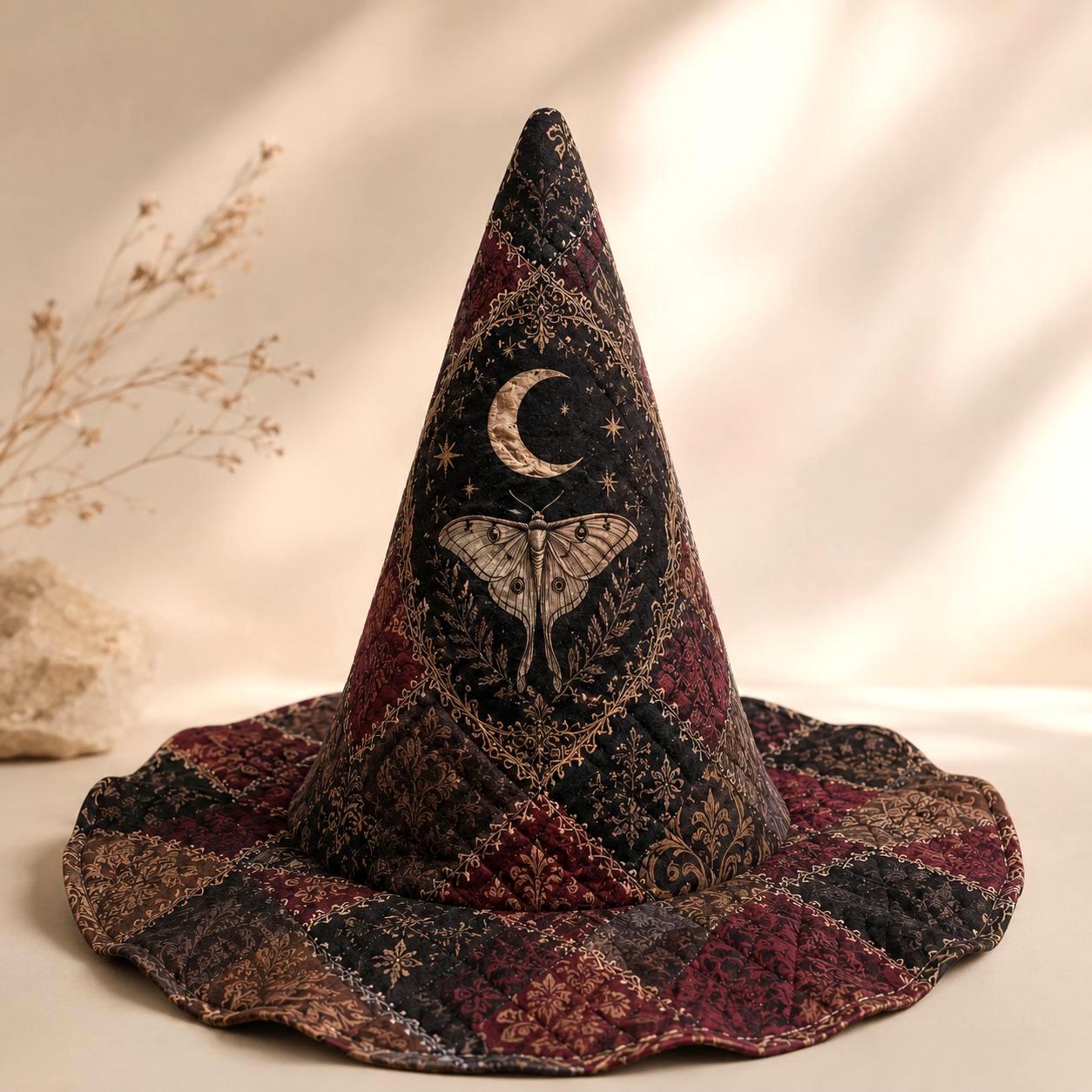 Gothic Moon Moth Patchwork Quilted Style Witch Hat – Dark Academia Decor and Vintage Halloween Table Display - photo 3