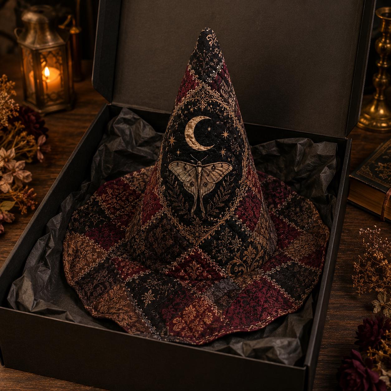 Gothic Moon Moth Patchwork Quilted Style Witch Hat – Dark Academia Decor and Vintage Halloween Table Display - photo 4