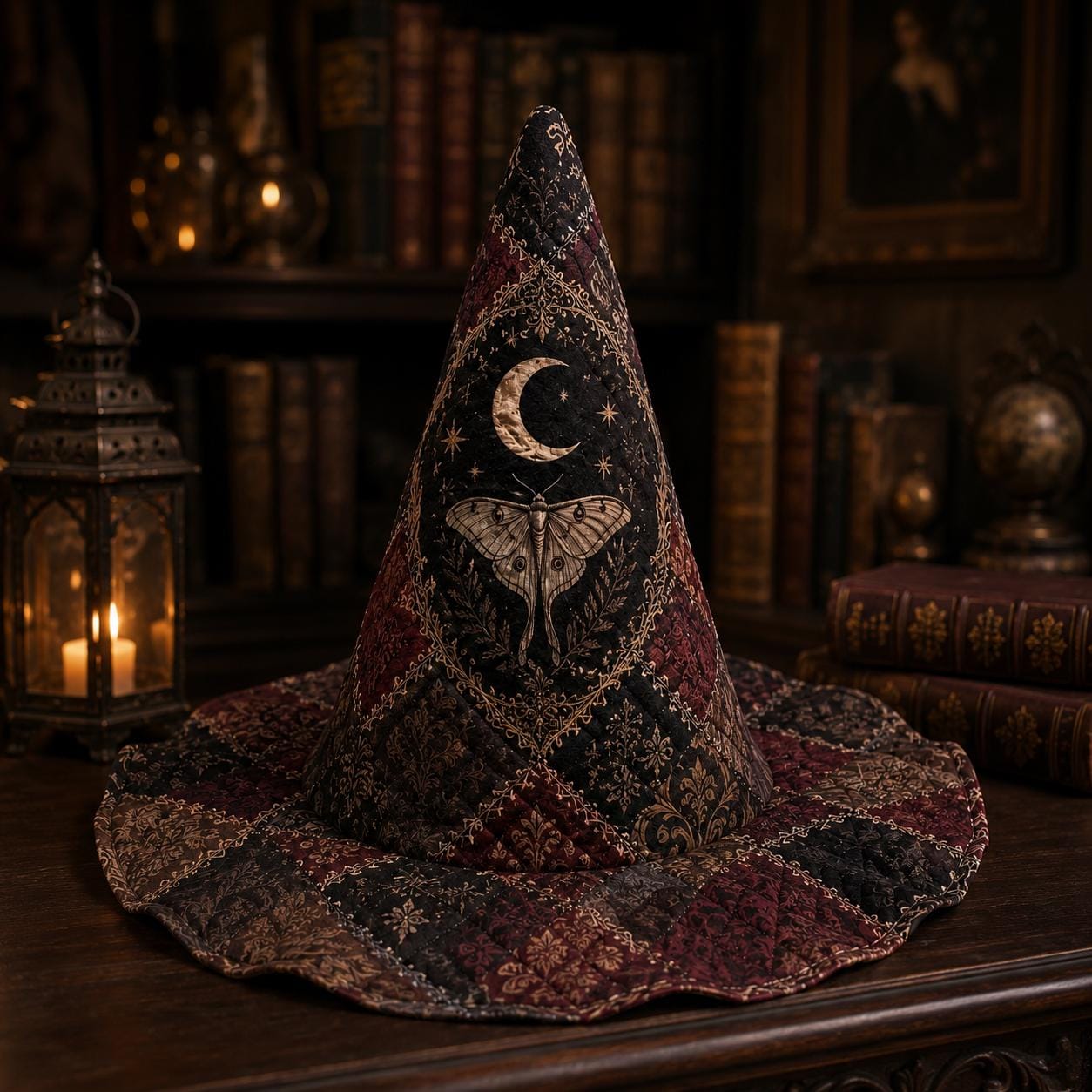 Gothic Moon Moth Patchwork Quilted Style Witch Hat – Dark Academia Decor and Vintage Halloween Table Display - photo 5