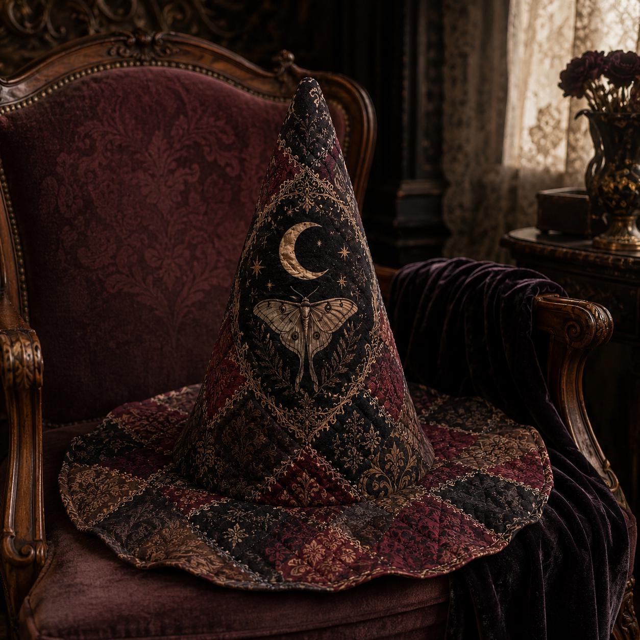 Gothic Moon Moth Patchwork Quilted Style Witch Hat – Dark Academia Decor and Vintage Halloween Table Display - photo 6