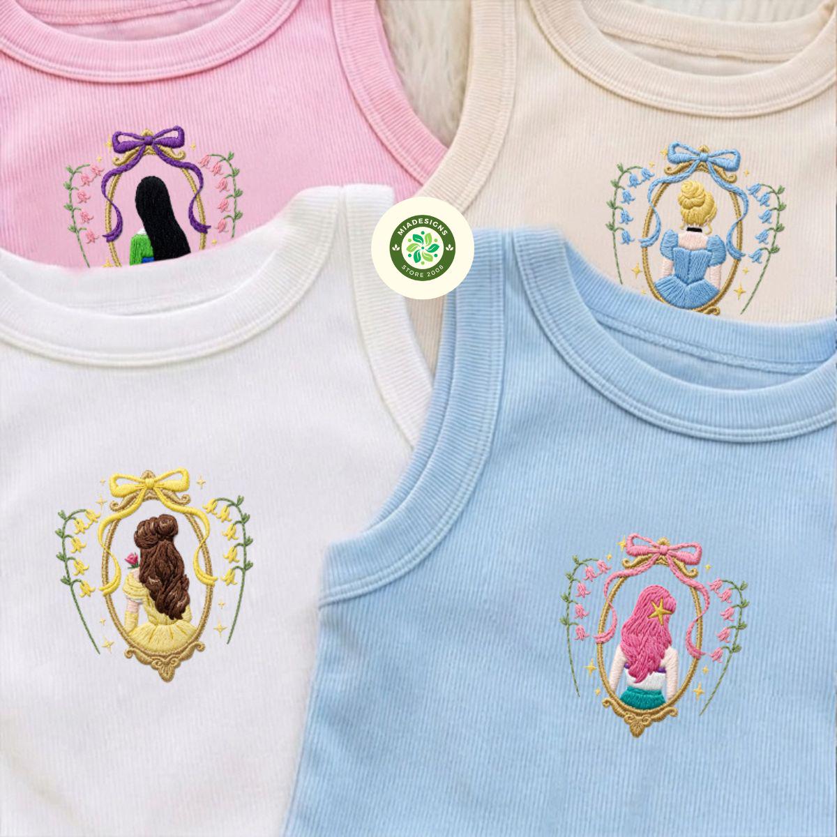Embroidered Coquette Bow Disney Princess Floral T-Shirt Sweatshirt with Cinderella Belle and Ariel – Lace Trim Tank Top Baby Tee