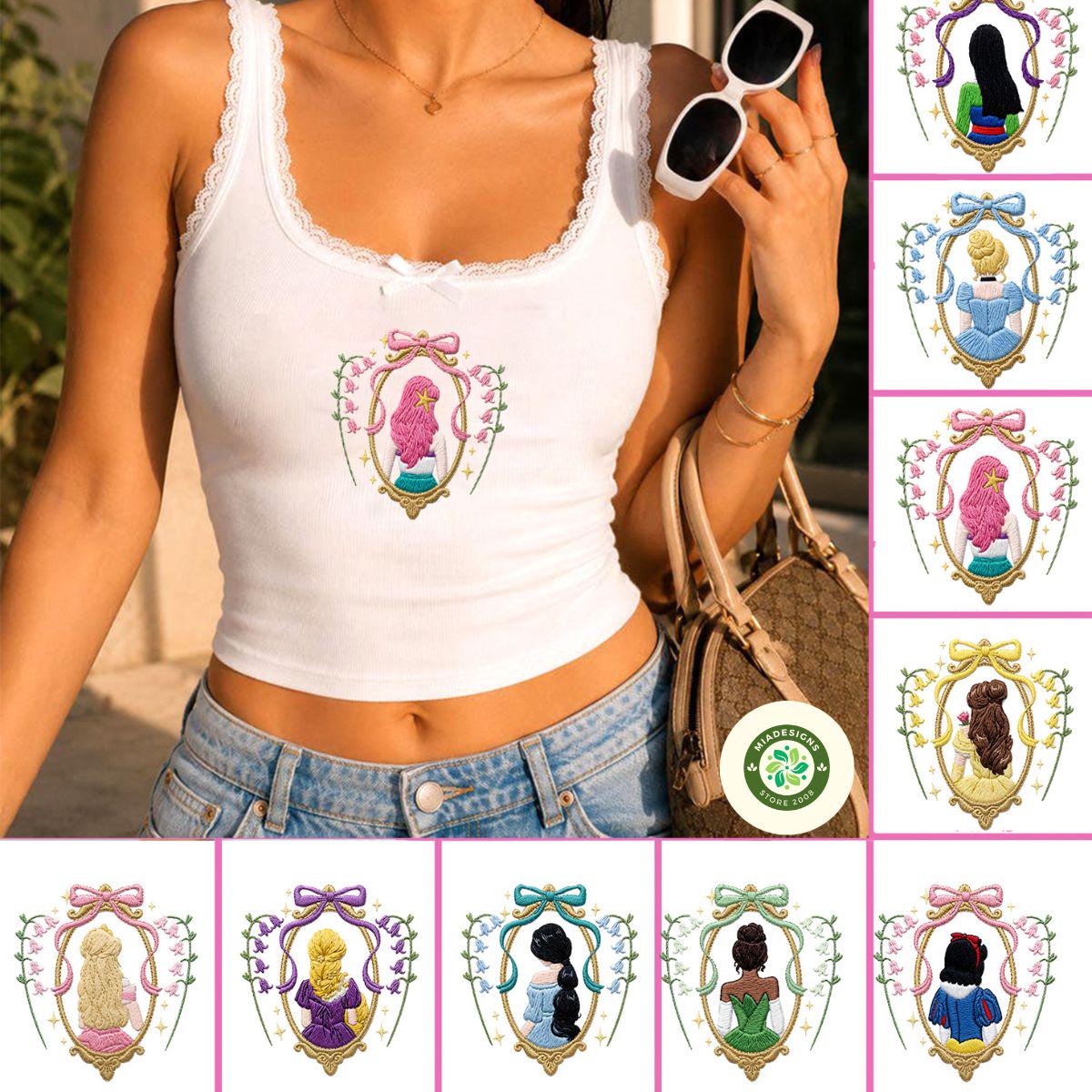 Embroidered Coquette Bow Disney Princess Floral T-Shirt Sweatshirt with Cinderella Belle and Ariel – Lace Trim Tank Top Baby Tee - photo 2