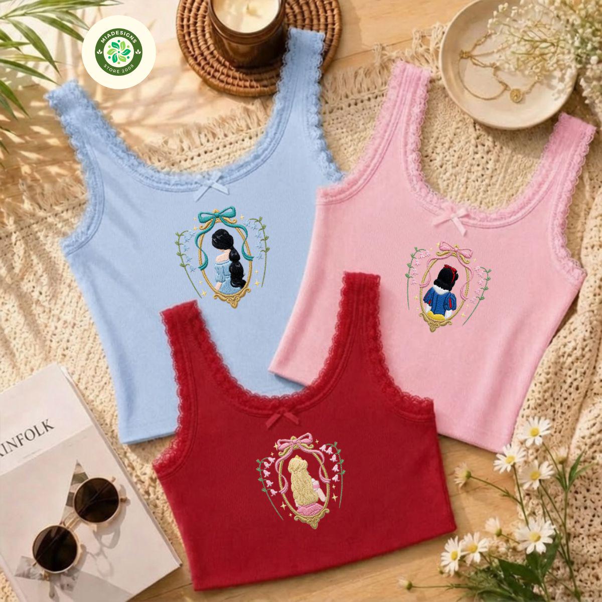 Embroidered Coquette Bow Disney Princess Floral T-Shirt Sweatshirt with Cinderella Belle and Ariel – Lace Trim Tank Top Baby Tee - photo 3
