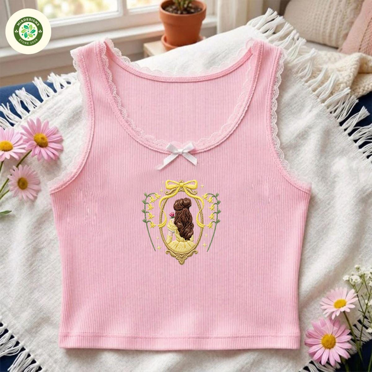 Embroidered Coquette Bow Disney Princess Floral T-Shirt Sweatshirt with Cinderella Belle and Ariel – Lace Trim Tank Top Baby Tee - photo 4