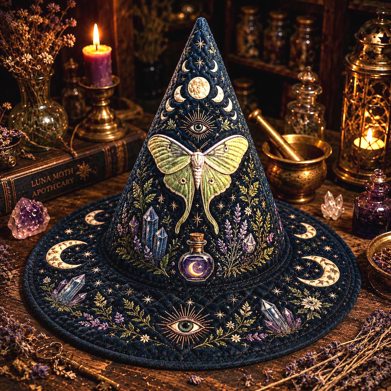 Celestial Luna Moth Crystal Quilted Witch Hat with Moon Phase Decor β Mystical Halloween Table Centerpiece