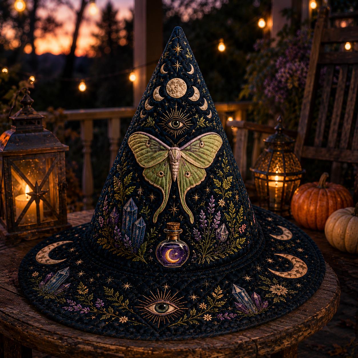 Celestial Luna Moth Crystal Quilted Witch Hat with Moon Phase Decor – Mystical Halloween Table Centerpiece - photo 2