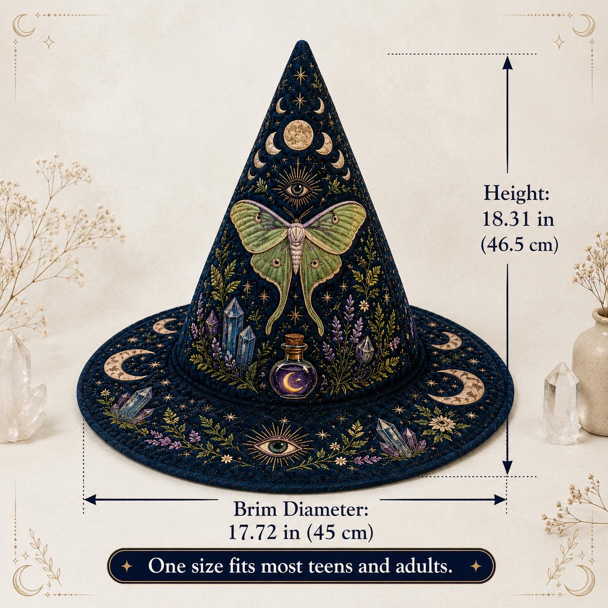Celestial Luna Moth Crystal Quilted Witch Hat with Moon Phase Decor – Mystical Halloween Table Centerpiece - photo 3