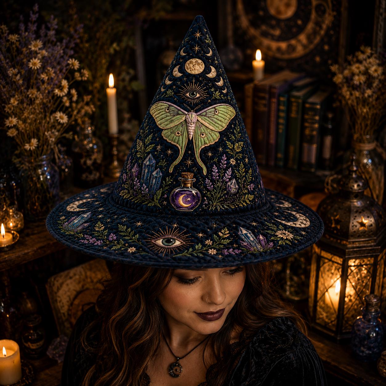 Celestial Luna Moth Crystal Quilted Witch Hat with Moon Phase Decor – Mystical Halloween Table Centerpiece - photo 4
