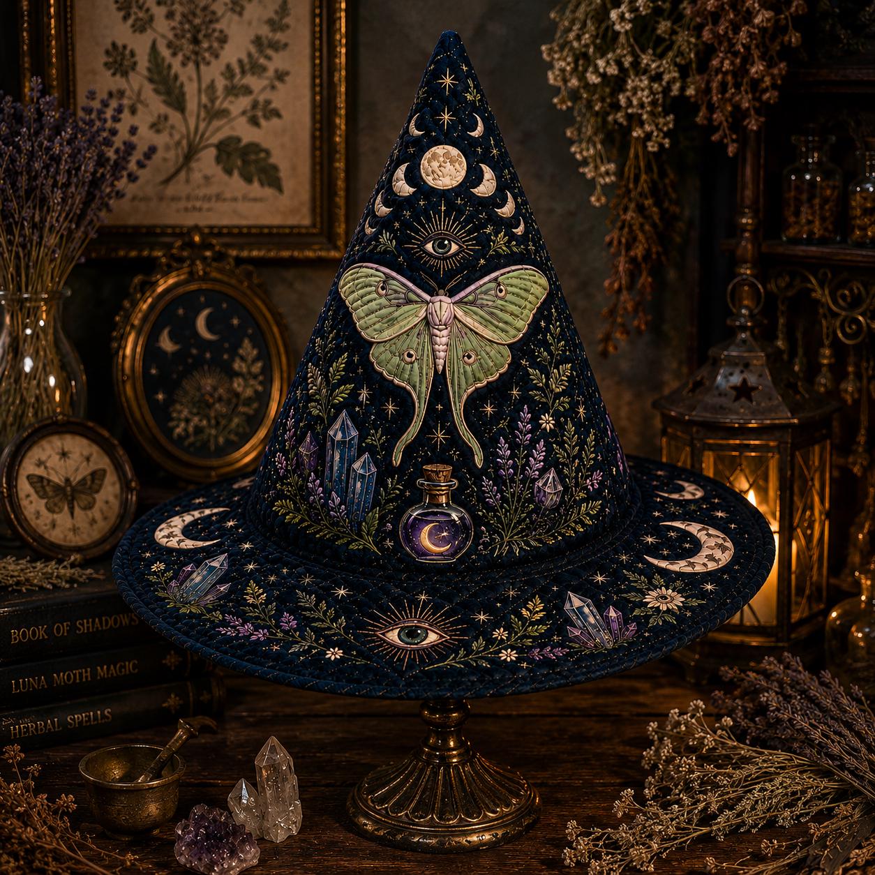 Celestial Luna Moth Crystal Quilted Witch Hat with Moon Phase Decor – Mystical Halloween Table Centerpiece - photo 5