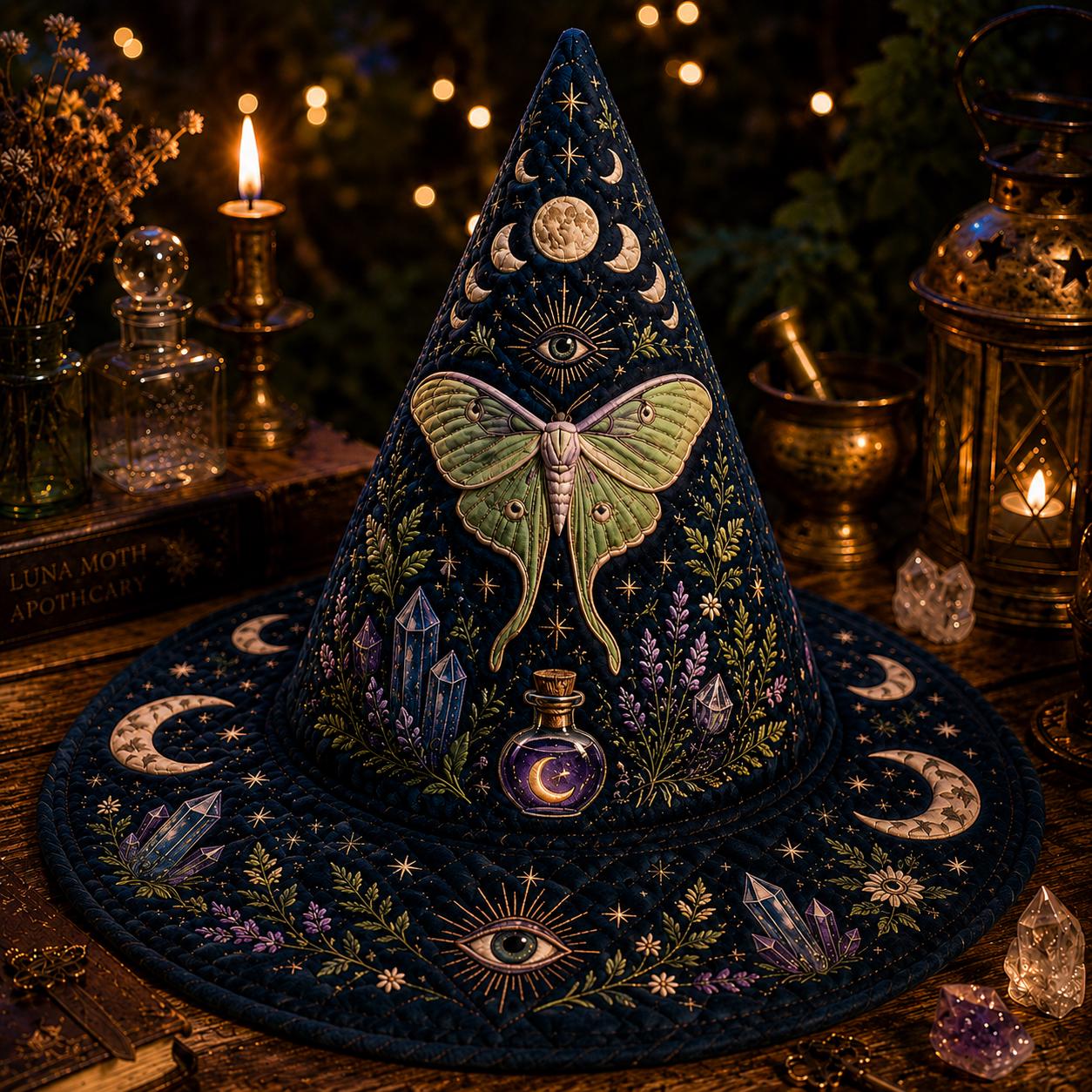 Celestial Luna Moth Crystal Quilted Witch Hat with Moon Phase Decor – Mystical Halloween Table Centerpiece - photo 6