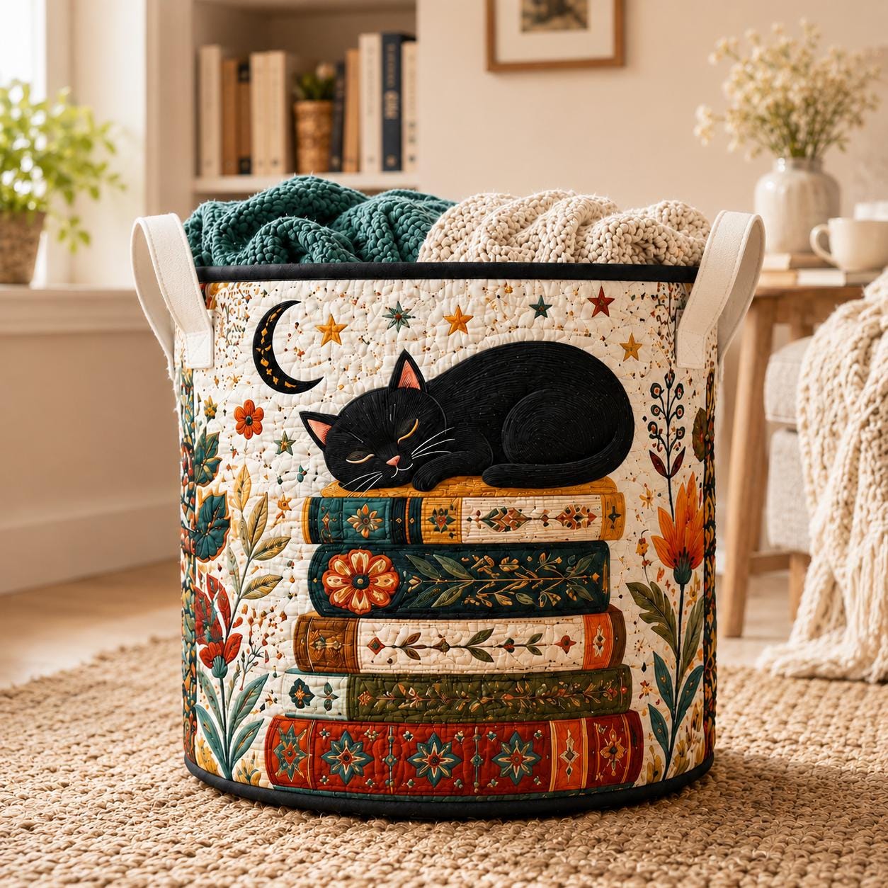 Boho Quilted Styleed Laundry Hamper with Floral Fabric Storage Bin and Clothes Toy Organizer Home Decor Basket Housewarming Gift