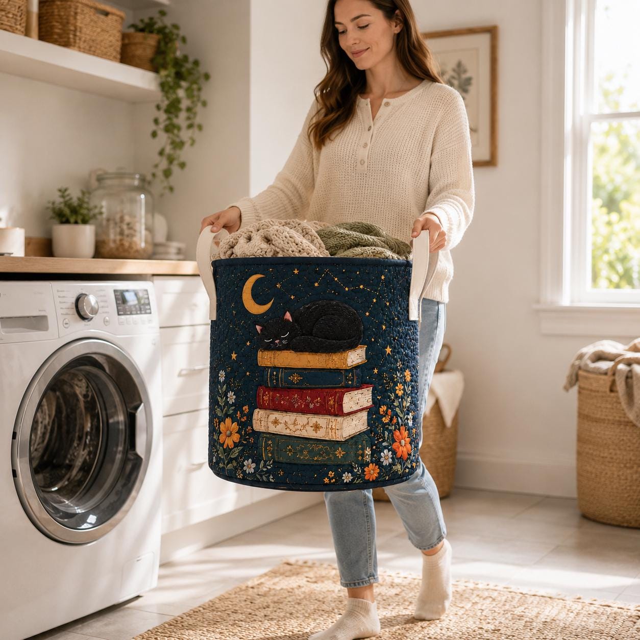 Boho Quilted Styleed Laundry Hamper with Floral Fabric Storage Bin and Clothes Toy Organizer Home Decor Basket Housewarming Gift - photo 2