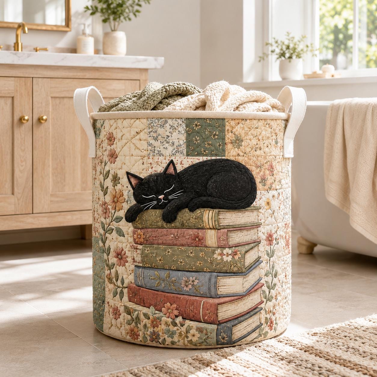 Boho Quilted Styleed Laundry Hamper with Floral Fabric Storage Bin and Clothes Toy Organizer Home Decor Basket Housewarming Gift - photo 3