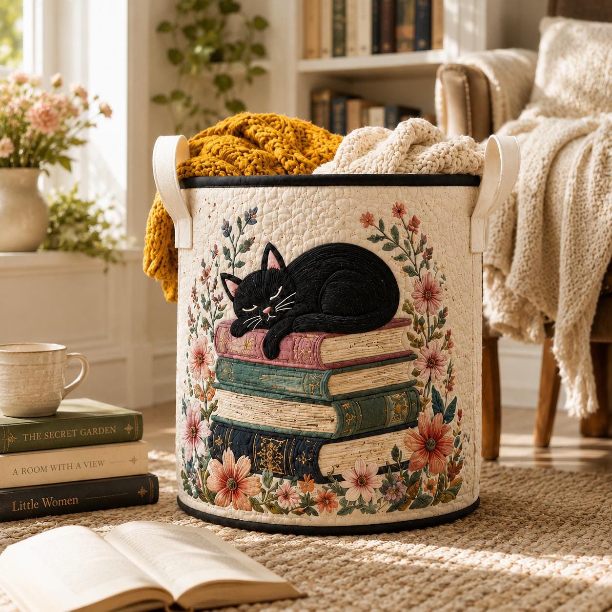 Boho Quilted Styleed Laundry Hamper with Floral Fabric Storage Bin and Clothes Toy Organizer Home Decor Basket Housewarming Gift - photo 7