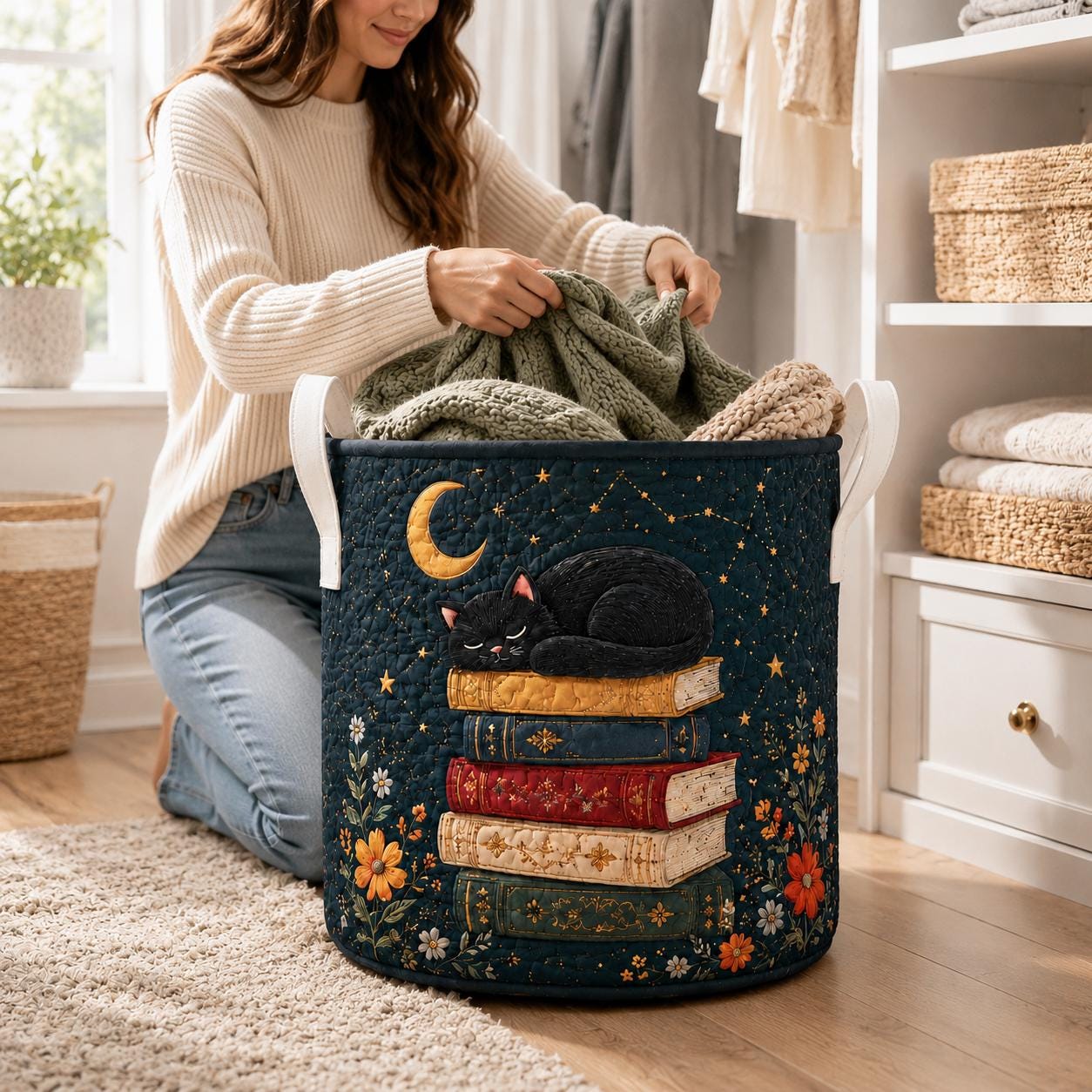 Boho Quilted Styleed Laundry Hamper with Floral Fabric Storage Bin and Clothes Toy Organizer Home Decor Basket Housewarming Gift - photo 8