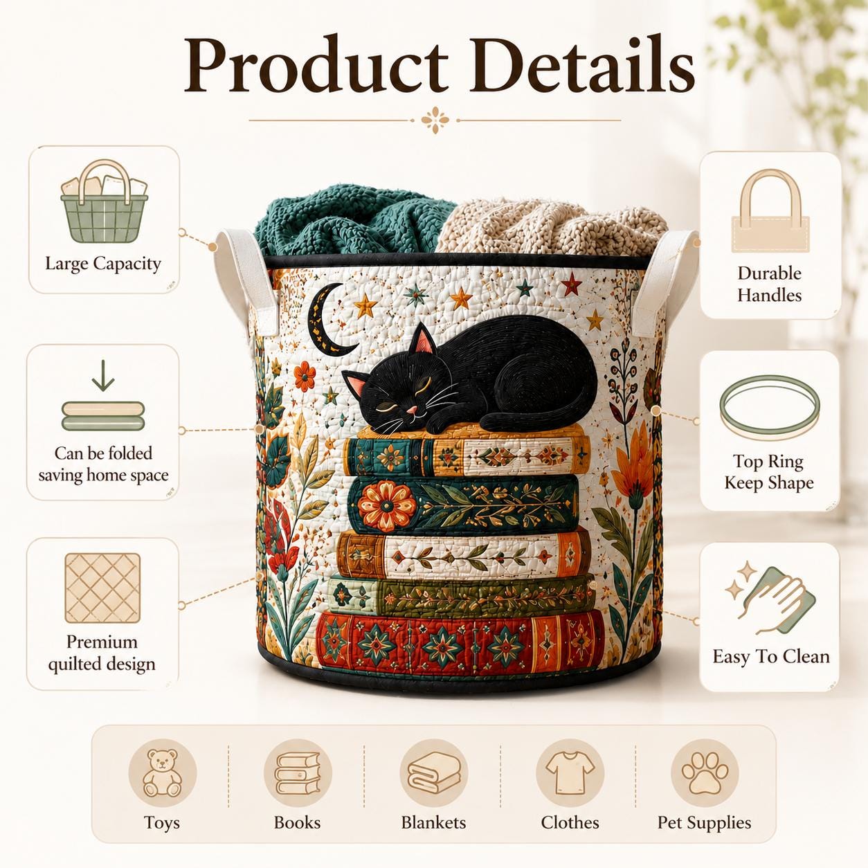 Boho Quilted Styleed Laundry Hamper with Floral Fabric Storage Bin and Clothes Toy Organizer Home Decor Basket Housewarming Gift - photo 9