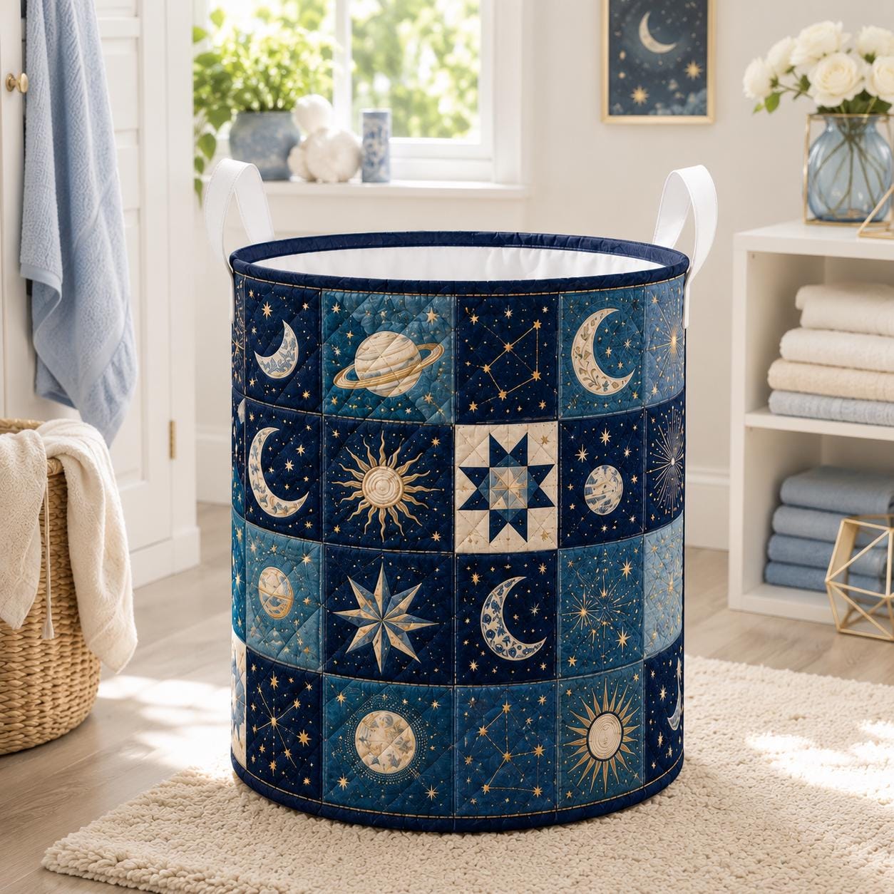 Celestial Moon Stars Quilted Styleed Laundry Basket with Cosmic Storage Hamper and Boho Nursery Decor Organizer Gift