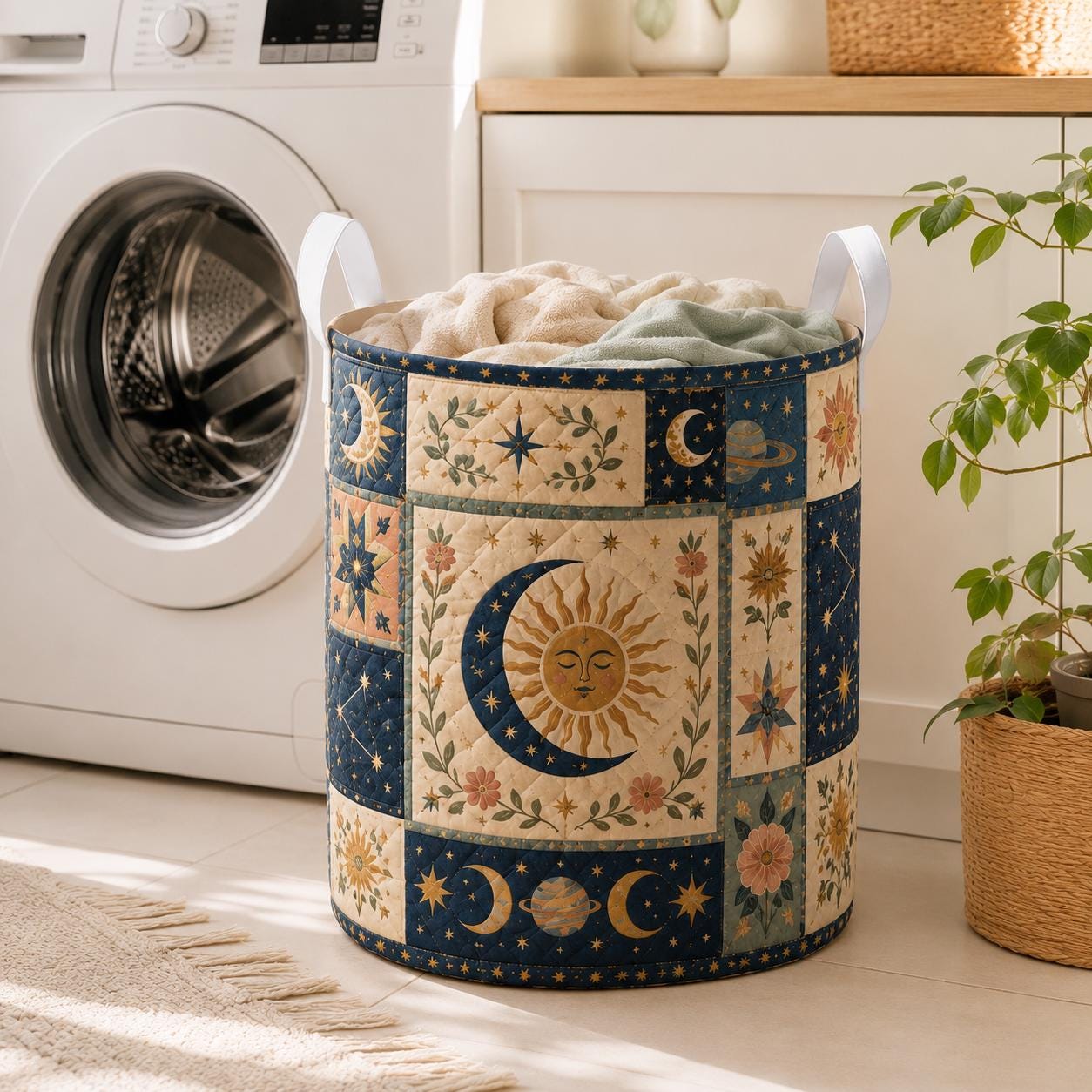 Celestial Moon Stars Quilted Styleed Laundry Basket with Cosmic Storage Hamper and Boho Nursery Decor Organizer Gift - photo 2
