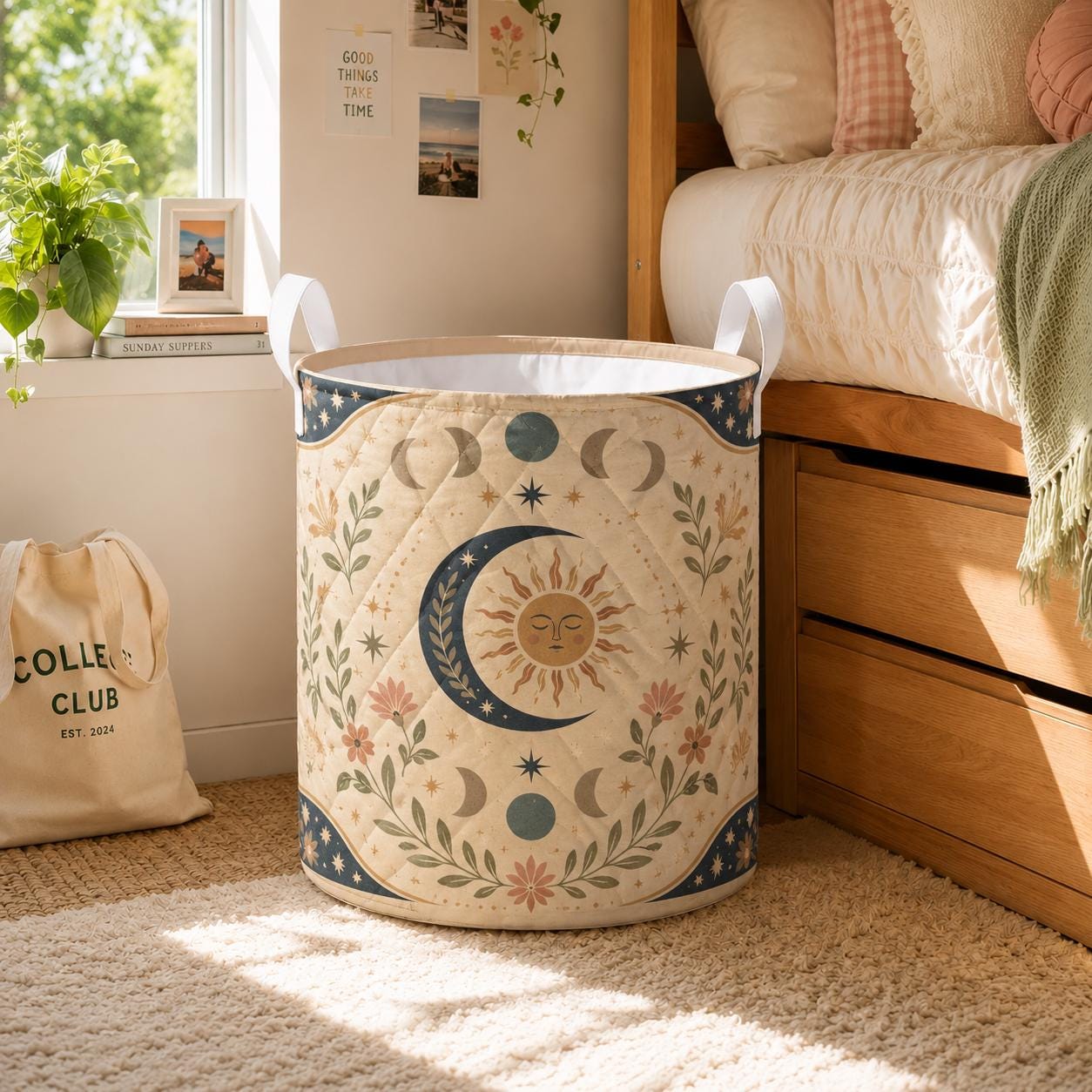 Celestial Moon Stars Quilted Styleed Laundry Basket with Cosmic Storage Hamper and Boho Nursery Decor Organizer Gift - photo 3