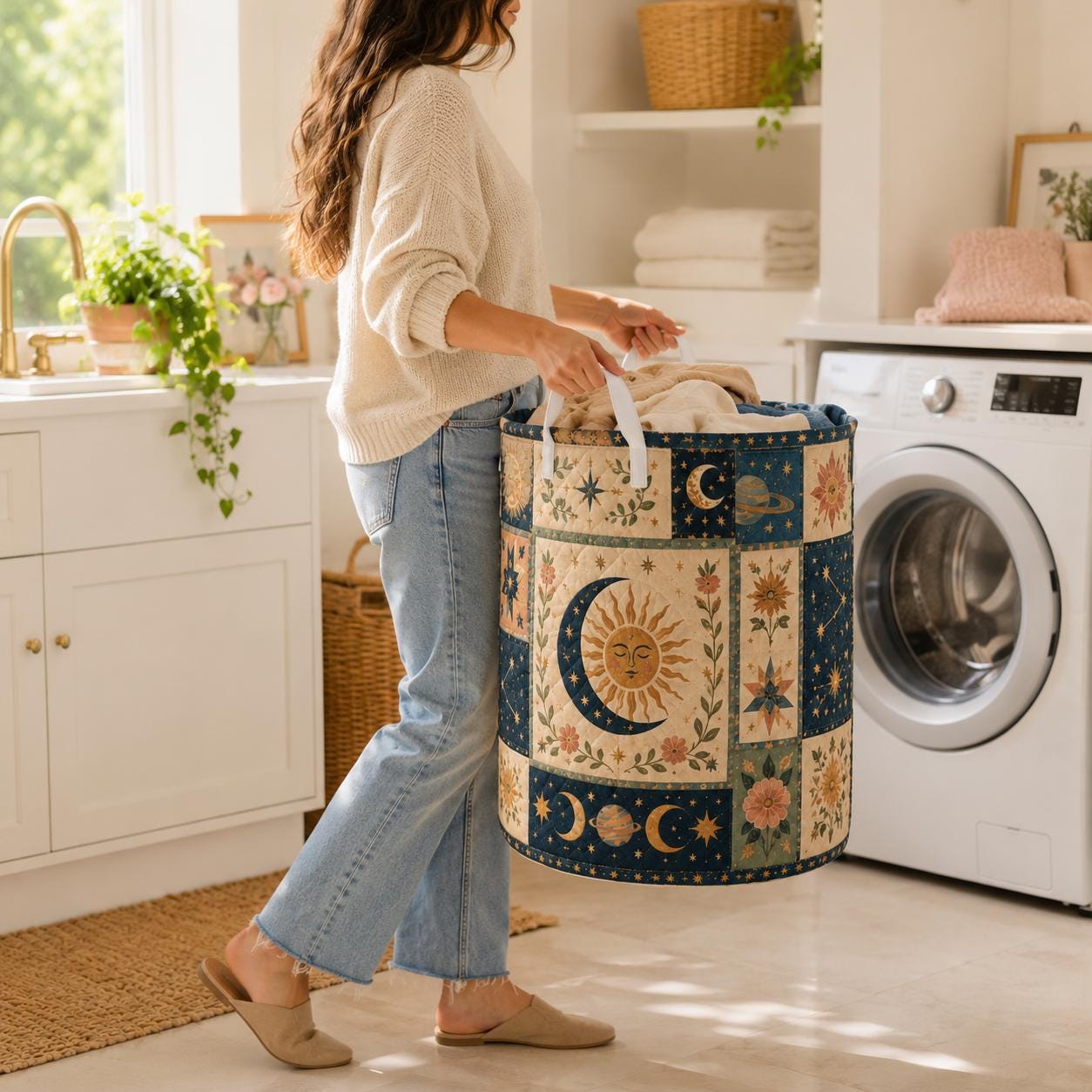 Celestial Moon Stars Quilted Styleed Laundry Basket with Cosmic Storage Hamper and Boho Nursery Decor Organizer Gift - photo 4
