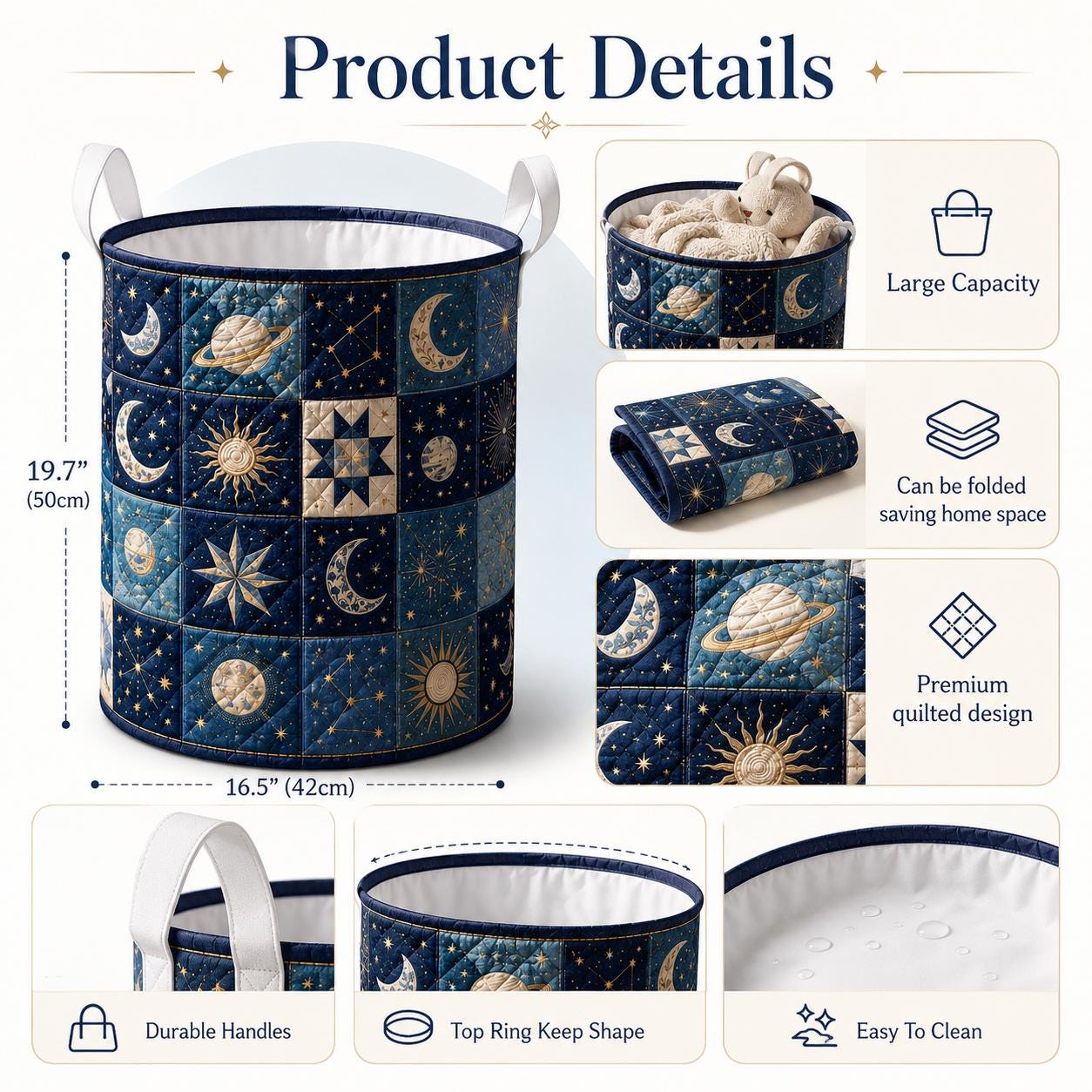 Celestial Moon Stars Quilted Styleed Laundry Basket with Cosmic Storage Hamper and Boho Nursery Decor Organizer Gift - photo 6