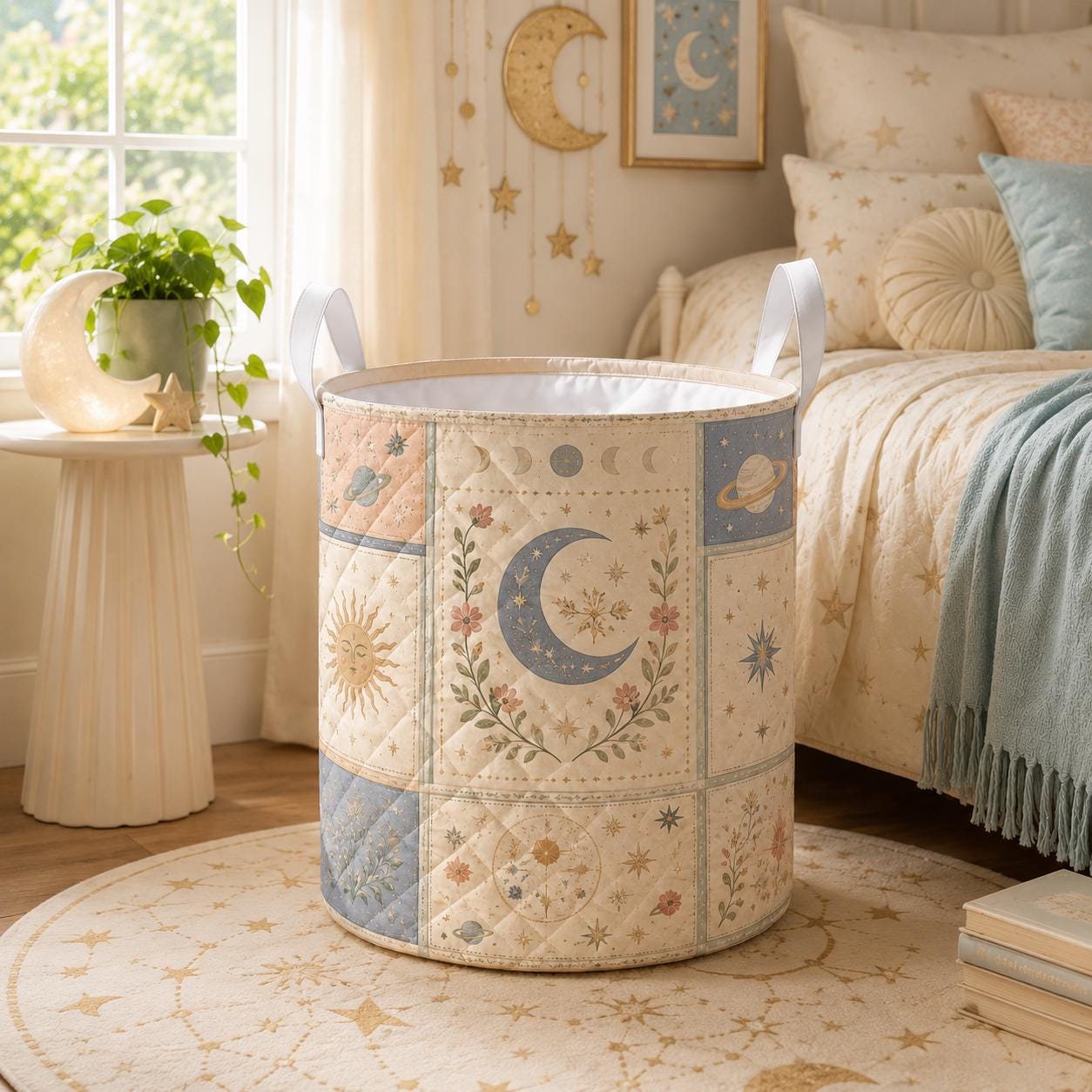 Celestial Moon Stars Quilted Styleed Laundry Basket with Cosmic Storage Hamper and Boho Nursery Decor Organizer Gift - photo 8