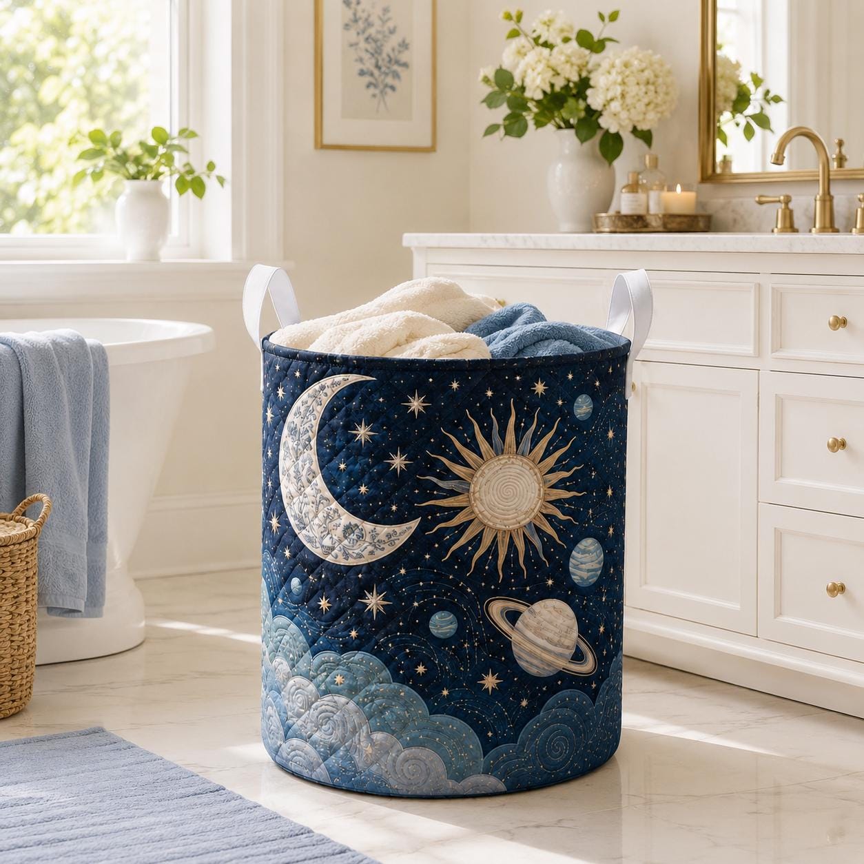 Celestial Moon Stars Quilted Styleed Laundry Basket with Cosmic Storage Hamper and Boho Nursery Decor Organizer Gift - photo 9