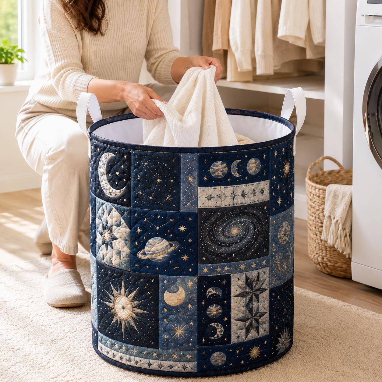 Celestial Moon Stars Quilted Styleed Laundry Basket with Cosmic Storage Hamper and Boho Nursery Decor Organizer Gift - photo 10