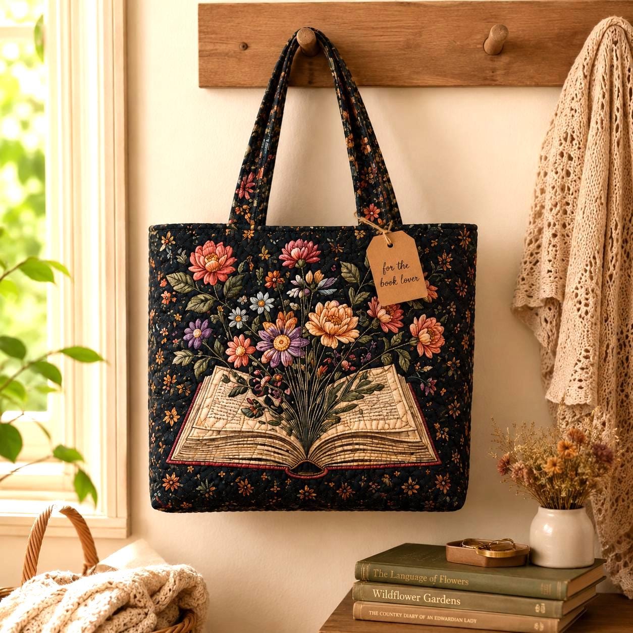 Personalized Book Lover Quilted Styleed Tote Bag with Floral Book Shoulder Bag and Cottagecore Reading Purse Gift For Book Lover