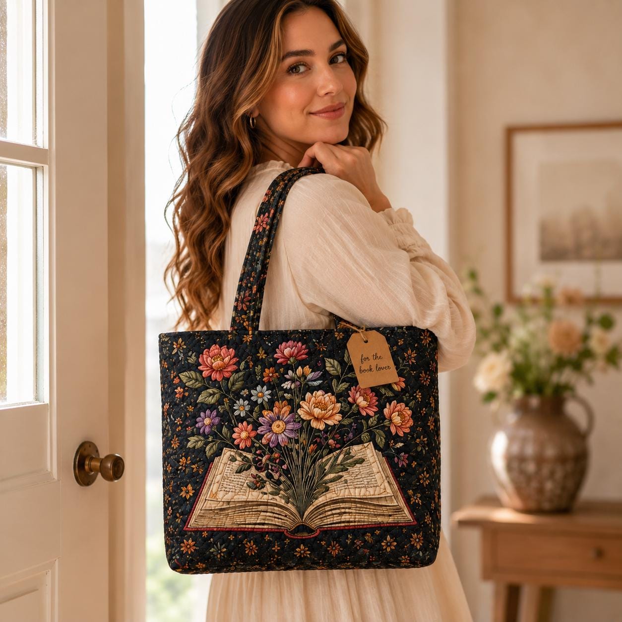 Personalized Book Lover Quilted Styleed Tote Bag with Floral Book Shoulder Bag and Cottagecore Reading Purse Gift For Book Lover - photo 2