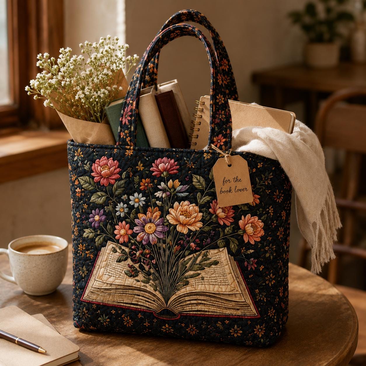 Personalized Book Lover Quilted Styleed Tote Bag with Floral Book Shoulder Bag and Cottagecore Reading Purse Gift For Book Lover - photo 3