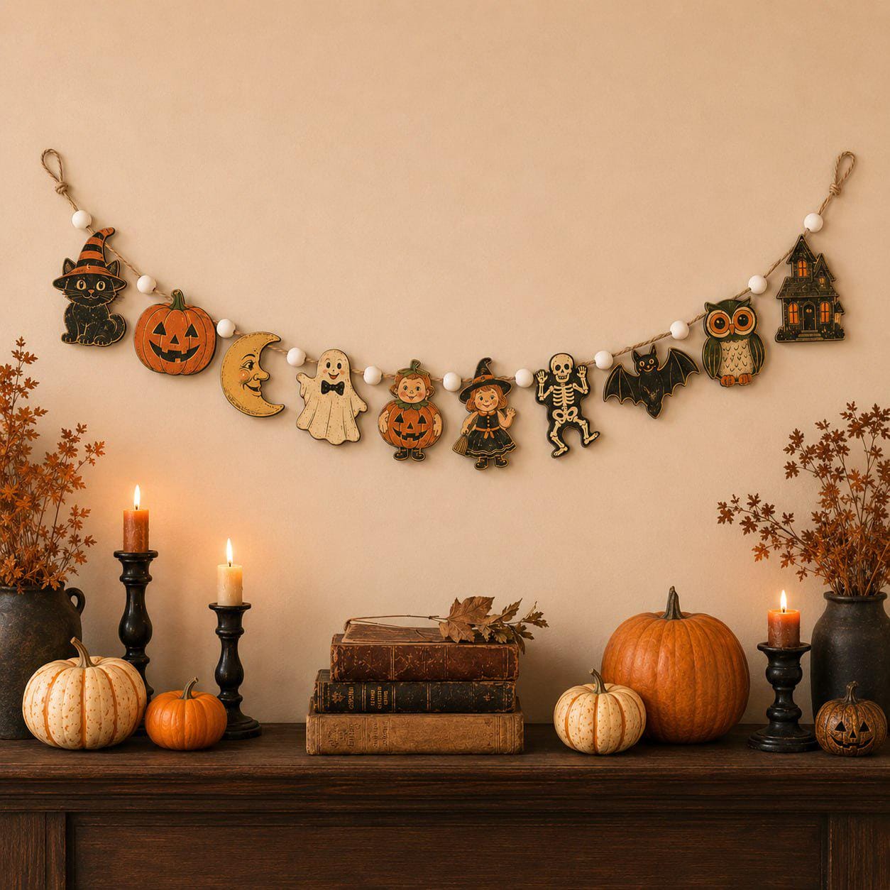 Vintage Wooden Halloween Garland Banner with Pumpkin Ghost Witch Skeleton Black Cat Bat and Owl for Mantel and Wall Decor