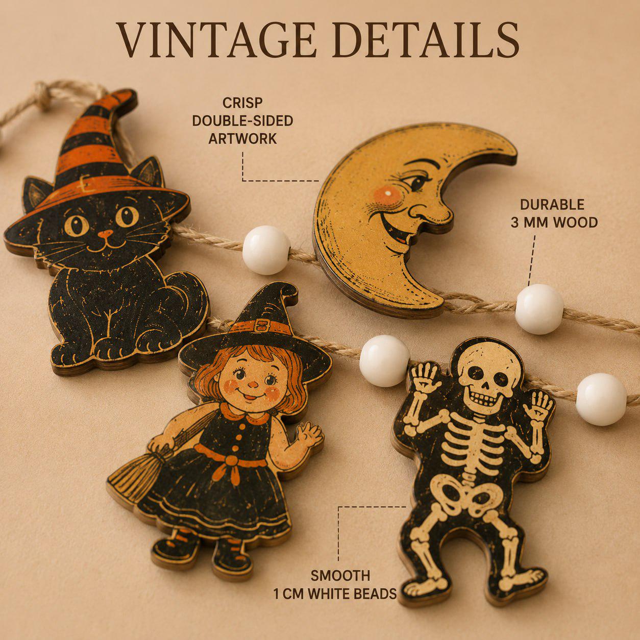 Vintage Wooden Halloween Garland Banner with Pumpkin Ghost Witch Skeleton Black Cat Bat and Owl for Mantel and Wall Decor - photo 3