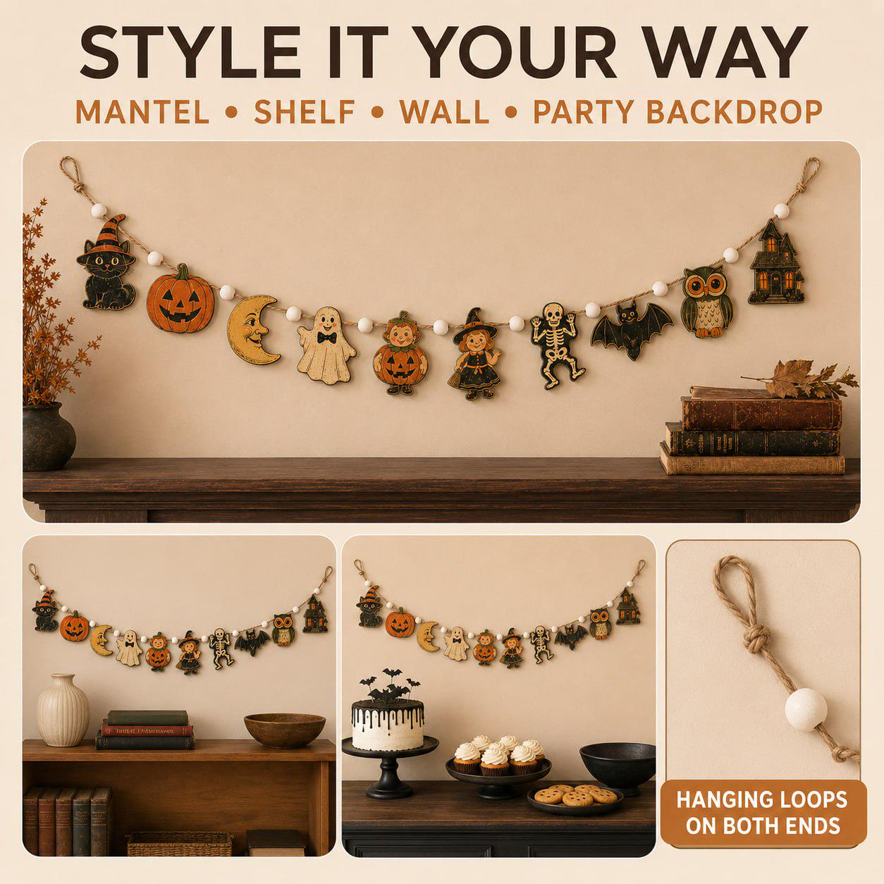 Vintage Wooden Halloween Garland Banner with Pumpkin Ghost Witch Skeleton Black Cat Bat and Owl for Mantel and Wall Decor - photo 6