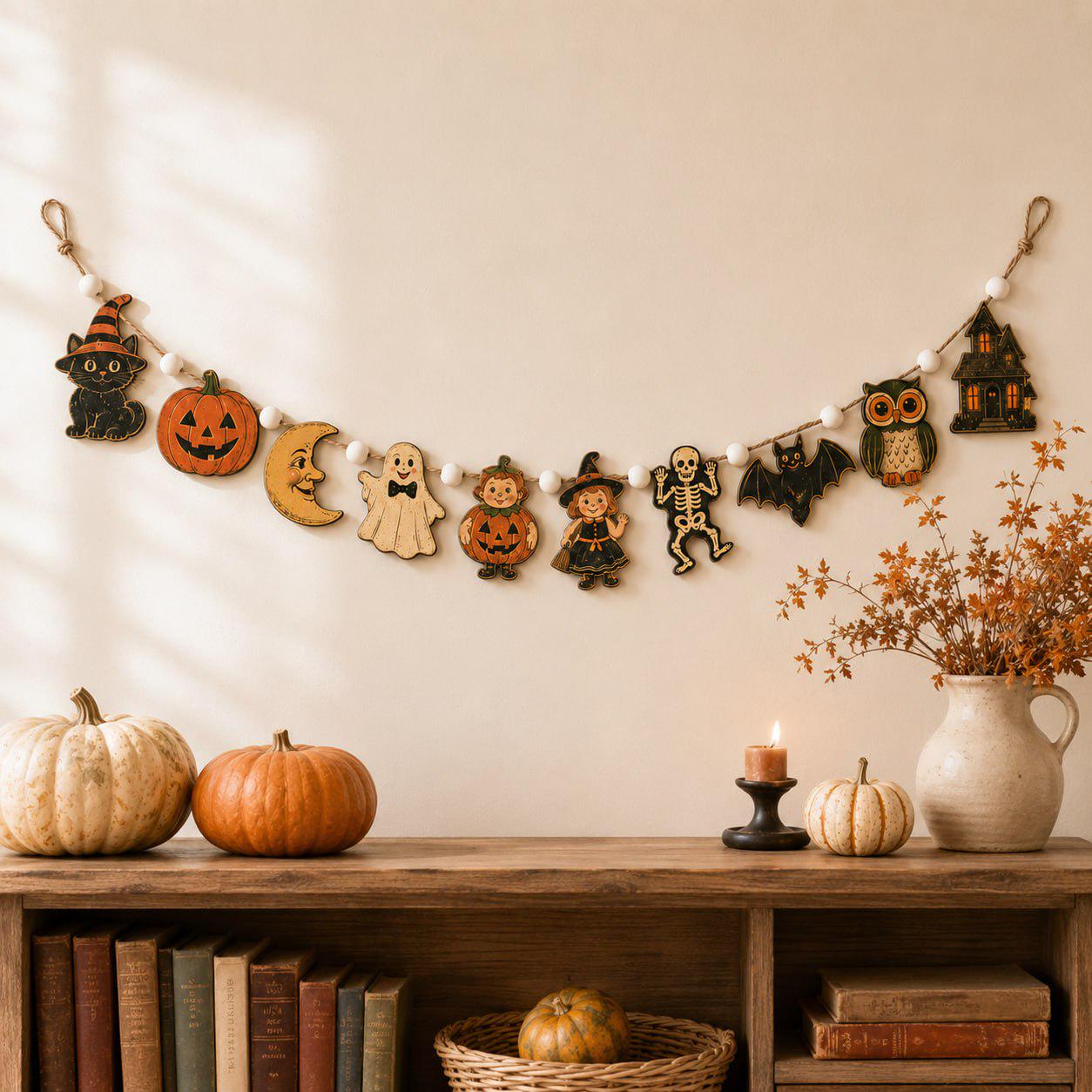 Vintage Wooden Halloween Garland Banner with Pumpkin Ghost Witch Skeleton Black Cat Bat and Owl for Mantel and Wall Decor - photo 7