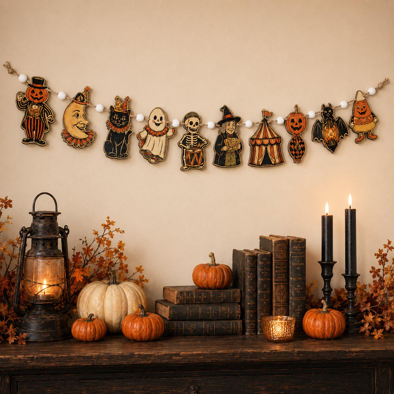 Haunted Carnival Wooden Garland Banner with Vintage Pumpkin Moon Cat Ghost and Skeleton for Halloween Circus Mantel Wall Decor