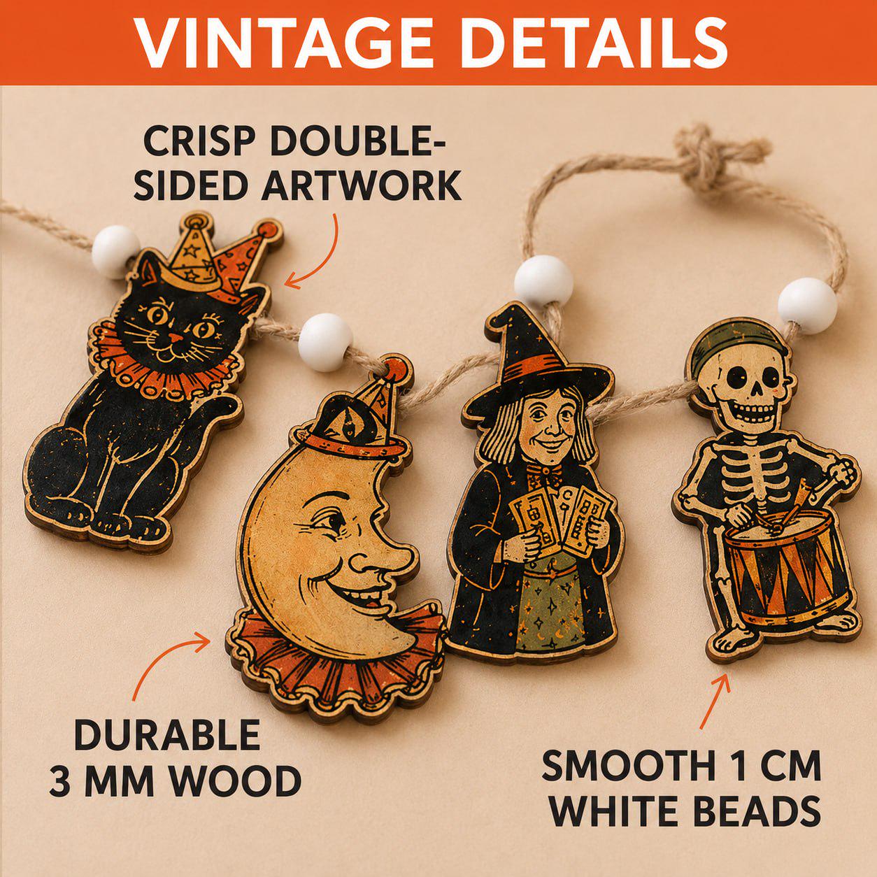 Haunted Carnival Wooden Garland Banner with Vintage Pumpkin Moon Cat Ghost and Skeleton for Halloween Circus Mantel Wall Decor - photo 3