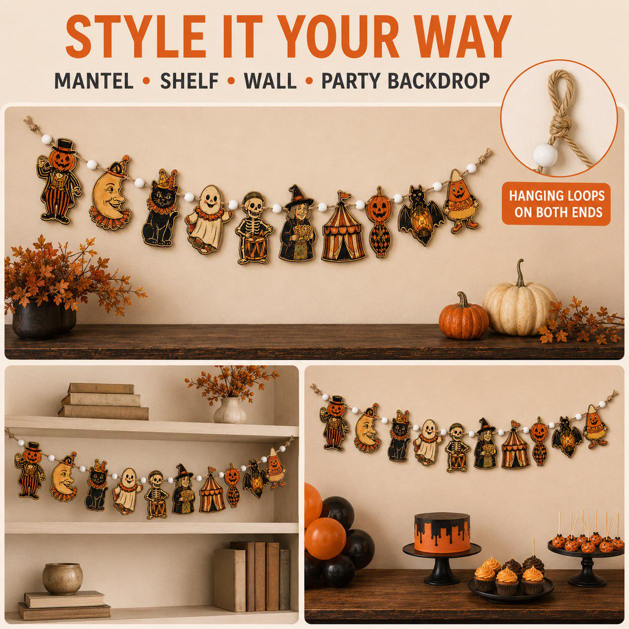 Haunted Carnival Wooden Garland Banner with Vintage Pumpkin Moon Cat Ghost and Skeleton for Halloween Circus Mantel Wall Decor - photo 6