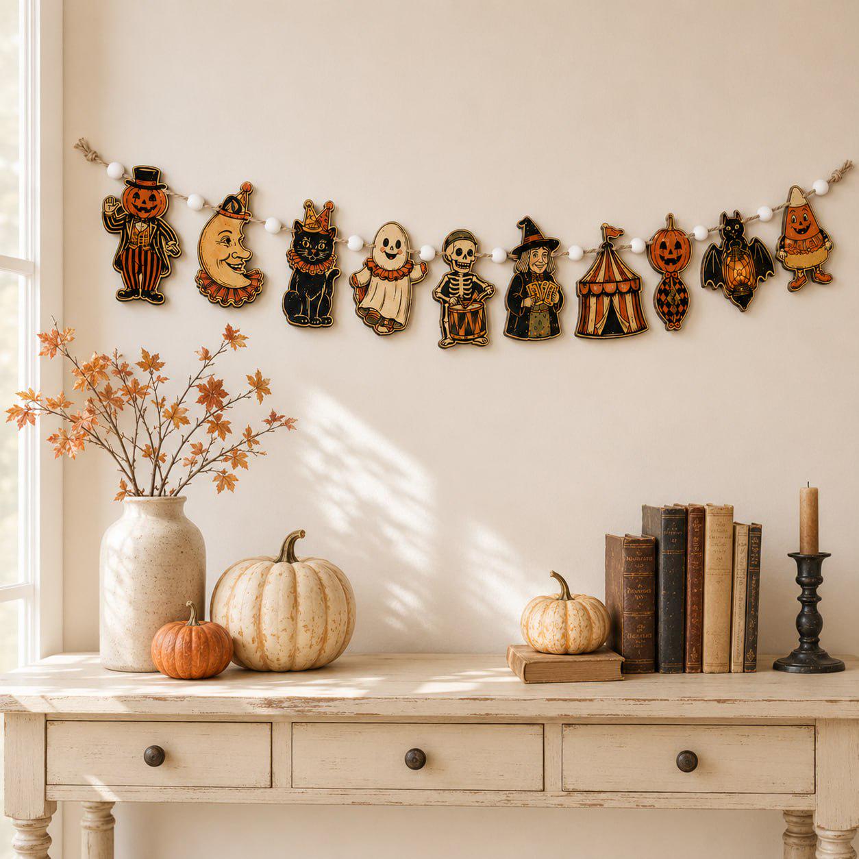 Haunted Carnival Wooden Garland Banner with Vintage Pumpkin Moon Cat Ghost and Skeleton for Halloween Circus Mantel Wall Decor - photo 7