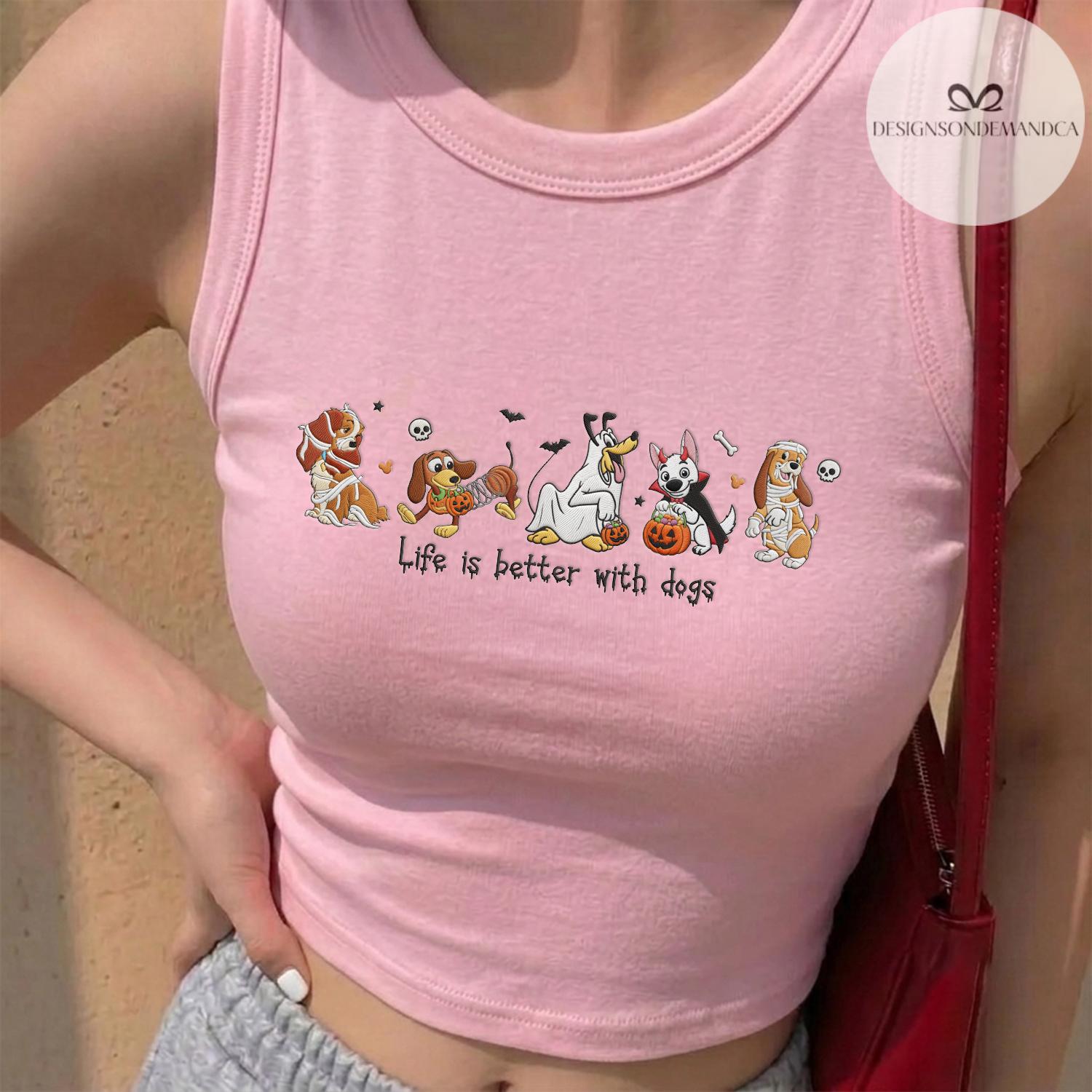 Embroidered Disney Dogs Halloween Shirt with Pluto Lady Bolt and Copper – WDW Disneyland Girls Trip Baby Tee Lace Trim Tank - photo 4
